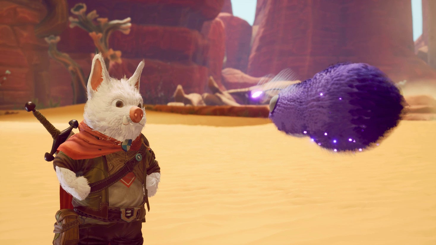 earthlock 2 trailer image of a bunny creature staring at a fluffy purple creature flying through the air