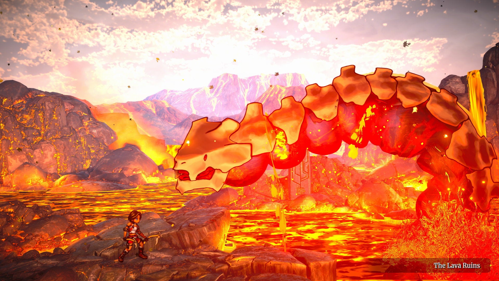 A young girl fights a giant lava snake in Eiyuden Chronicle rising