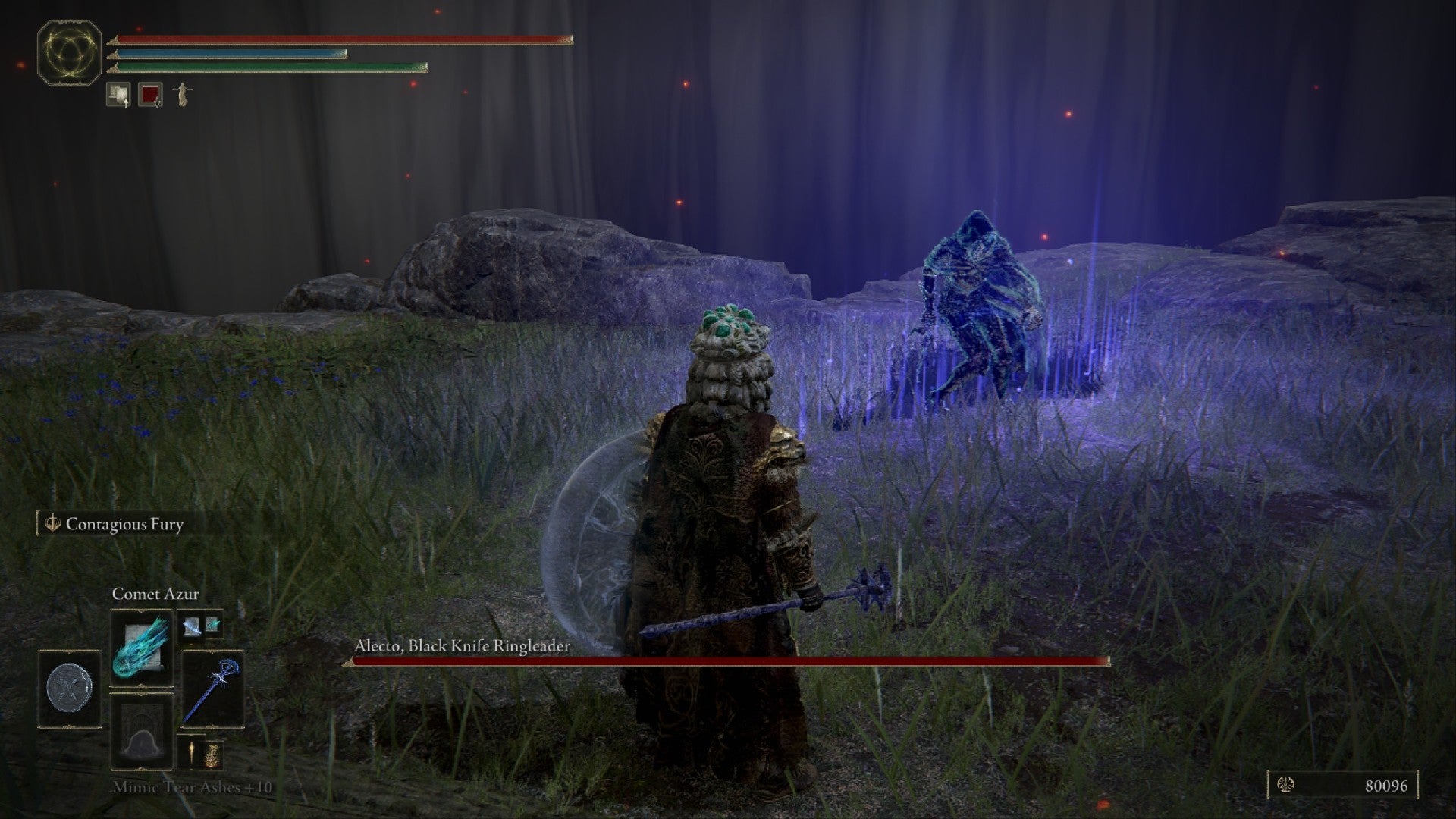 Elden Ring player faces into a purple rift as Alecto, Black Knife Ringleader, walks out wielding a blade and wearing an assassin's cloak