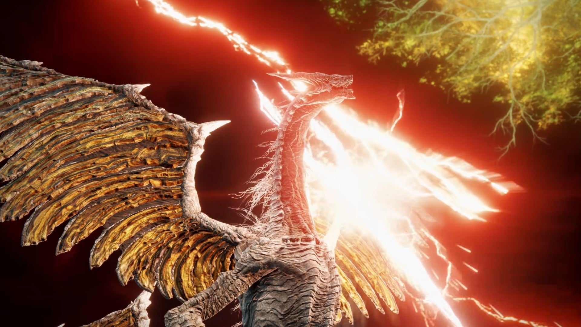Elden Ring image showing a standing dragon holding a crackling bolt of red lightning