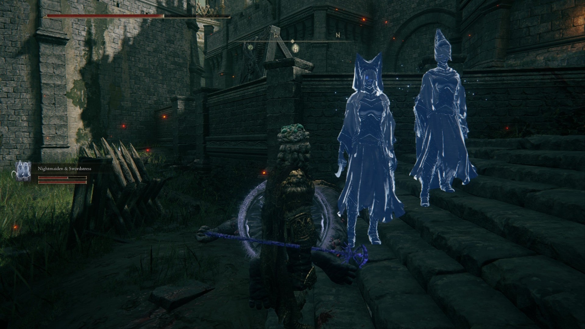 Elden Ring player stands with two blue apparitions known as the Nightmaiden and Swordstress Puppets