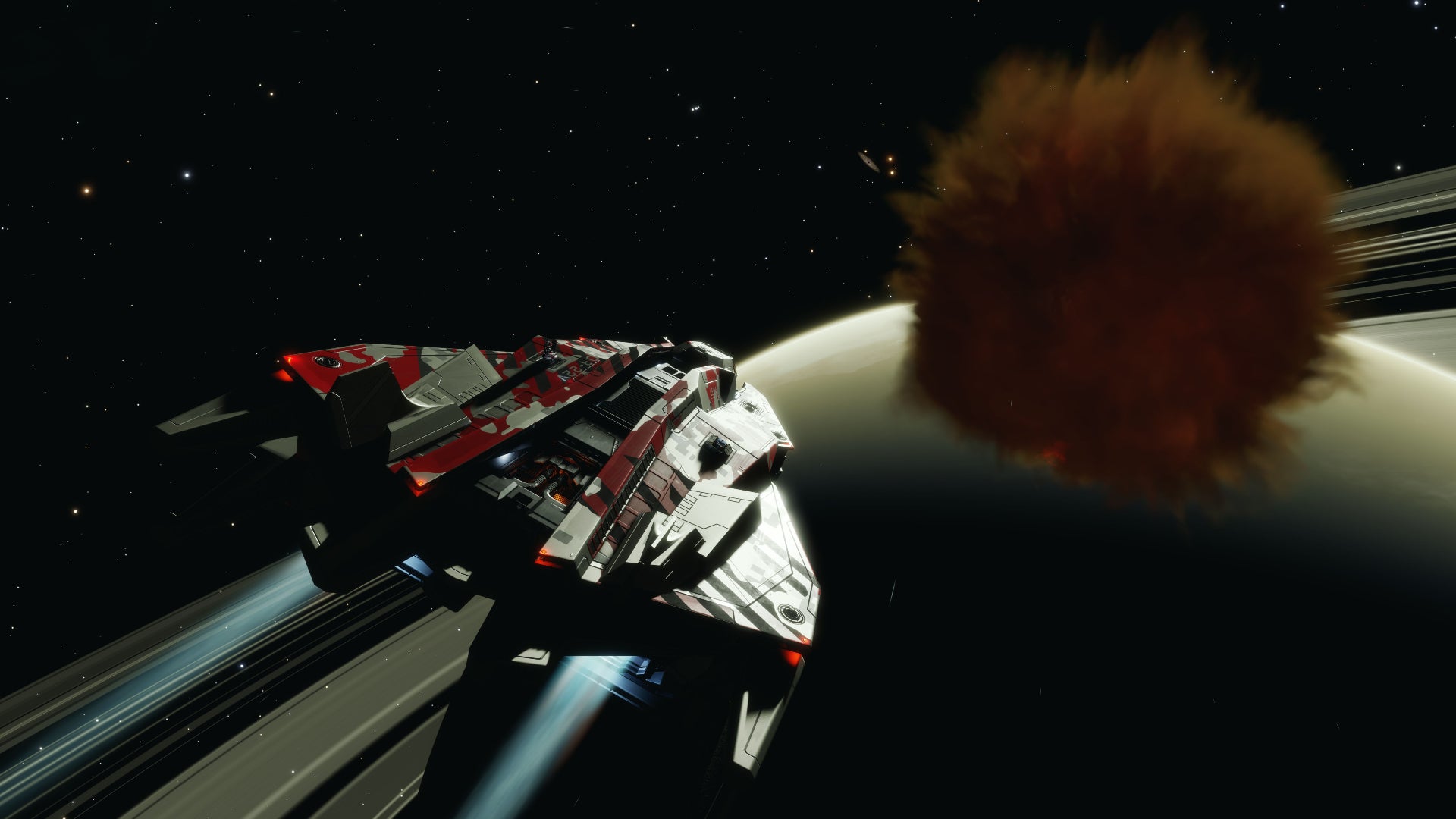 A screenshot from Elite Dangerous Update 14 showing a human ship approaching a Thargoid Maelstrom