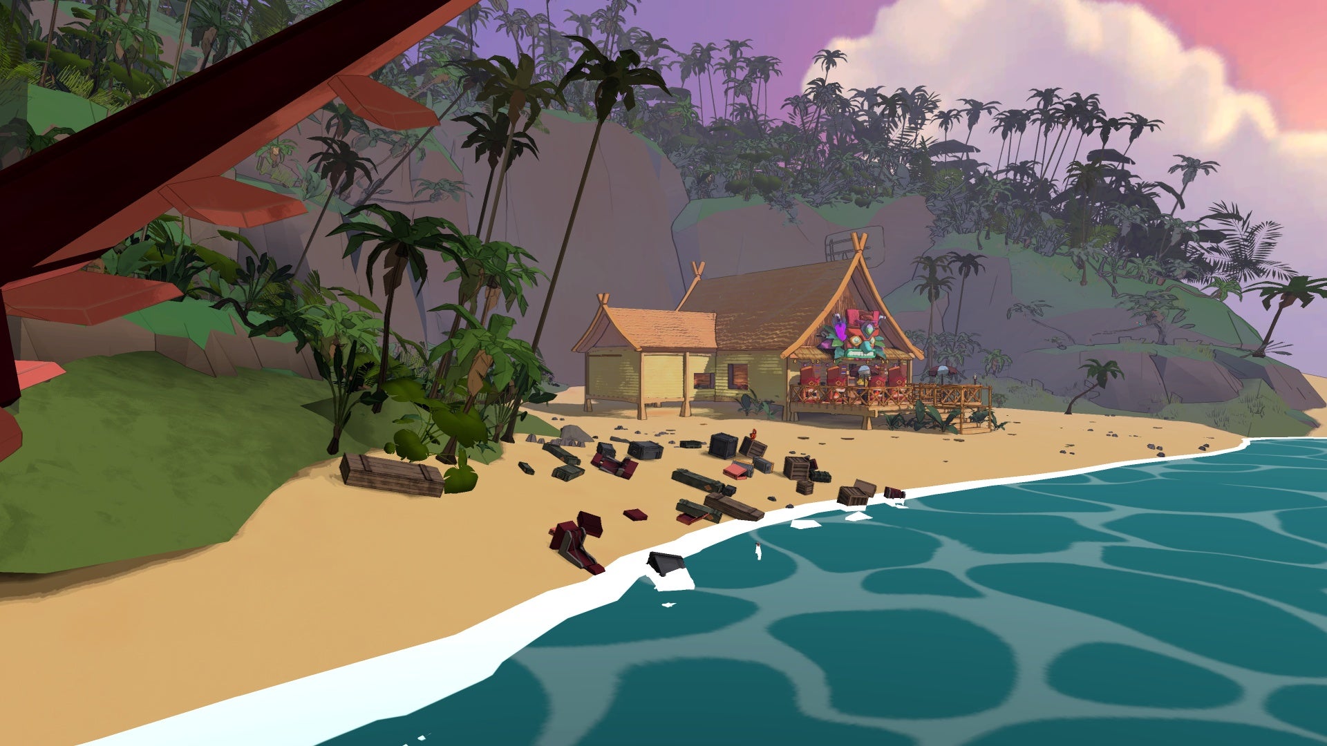 A screenshot from Escape Academy's Escape From Anti-Escape Island DLC, out November 10th, 2022, showing a hut on a beach and the sea