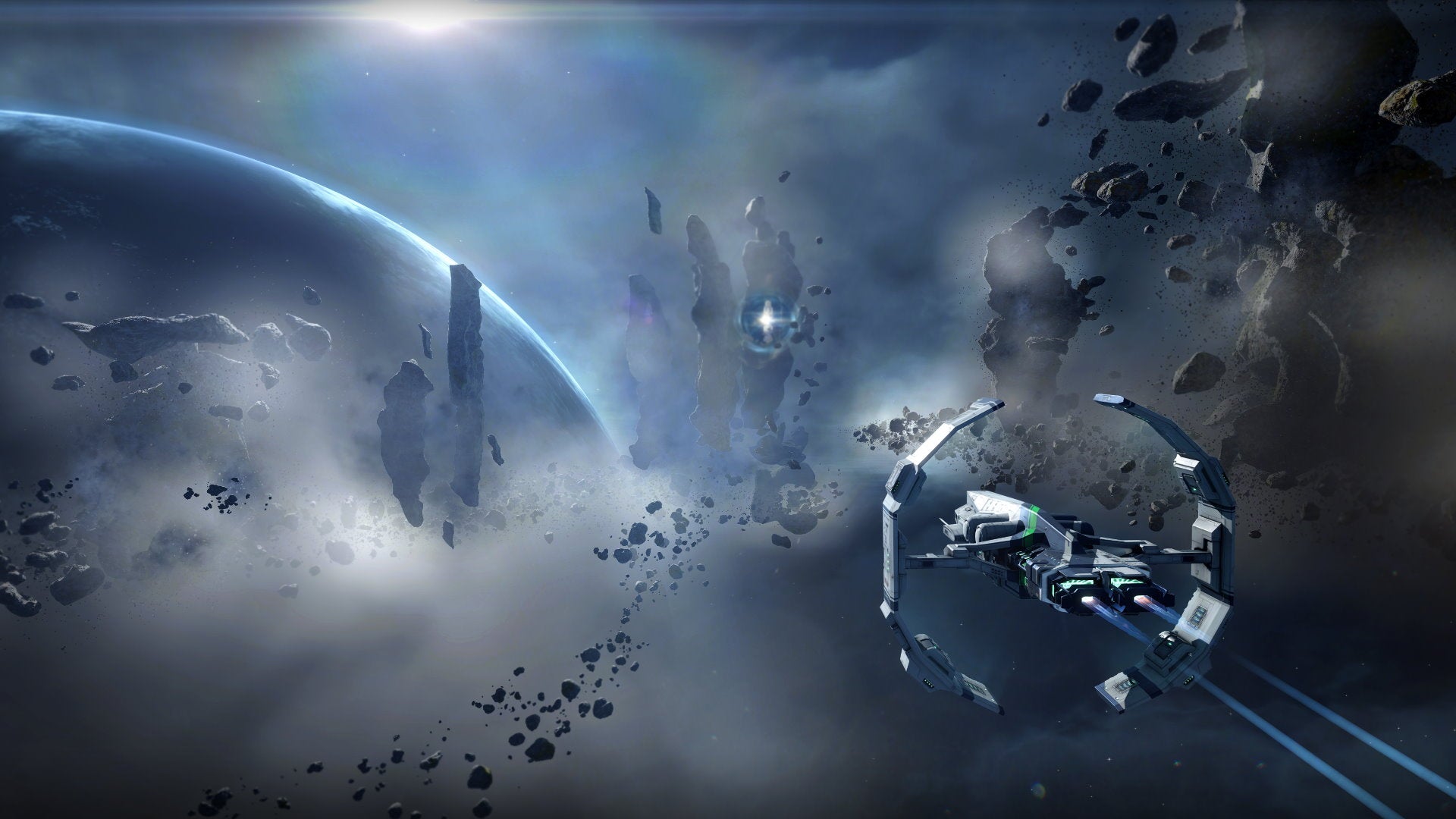 A circular spaceship flies through a blue galaxy in Eve Online