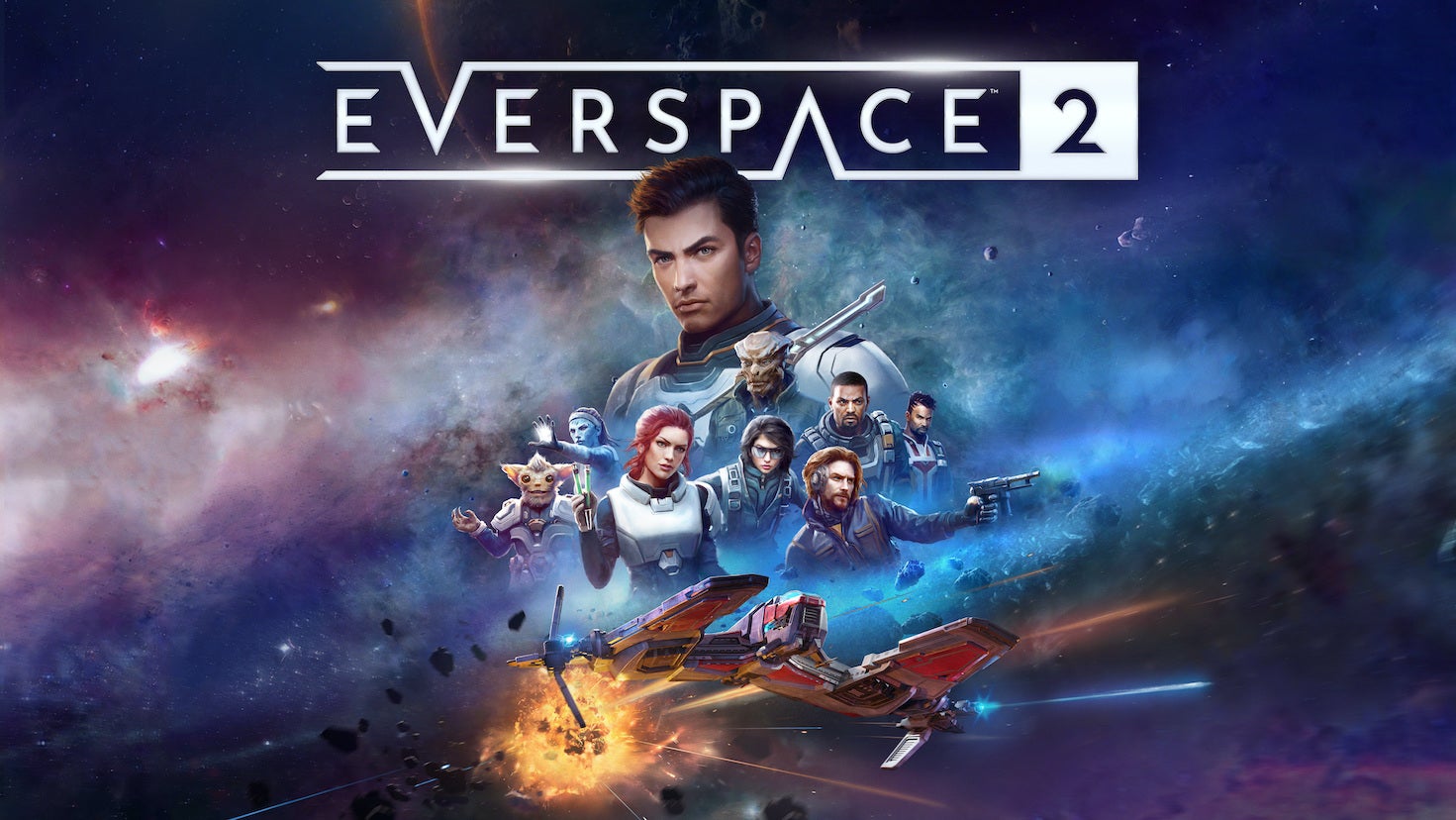 Title image for Everspace 2 showing a group of characters with a spacey background