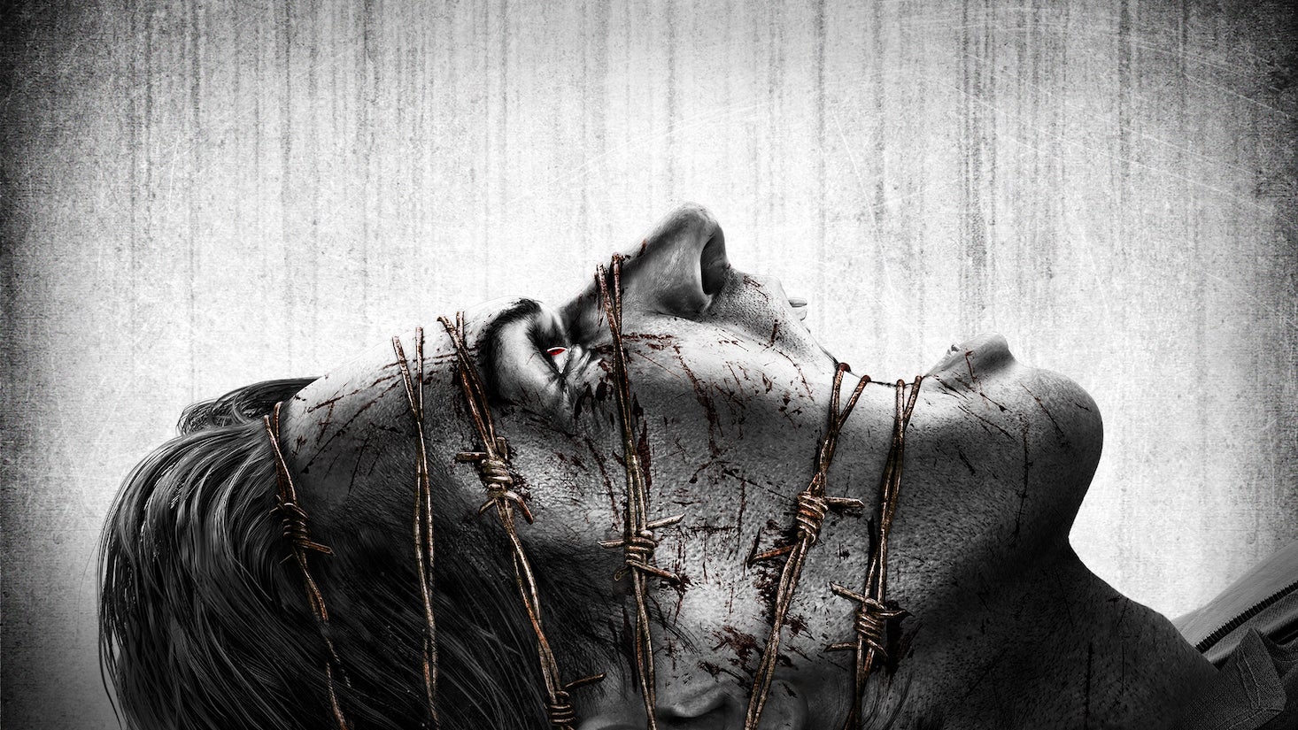Sebastion's face is wrapped in barbed wire as he looks up in The Evil Within's concept art.