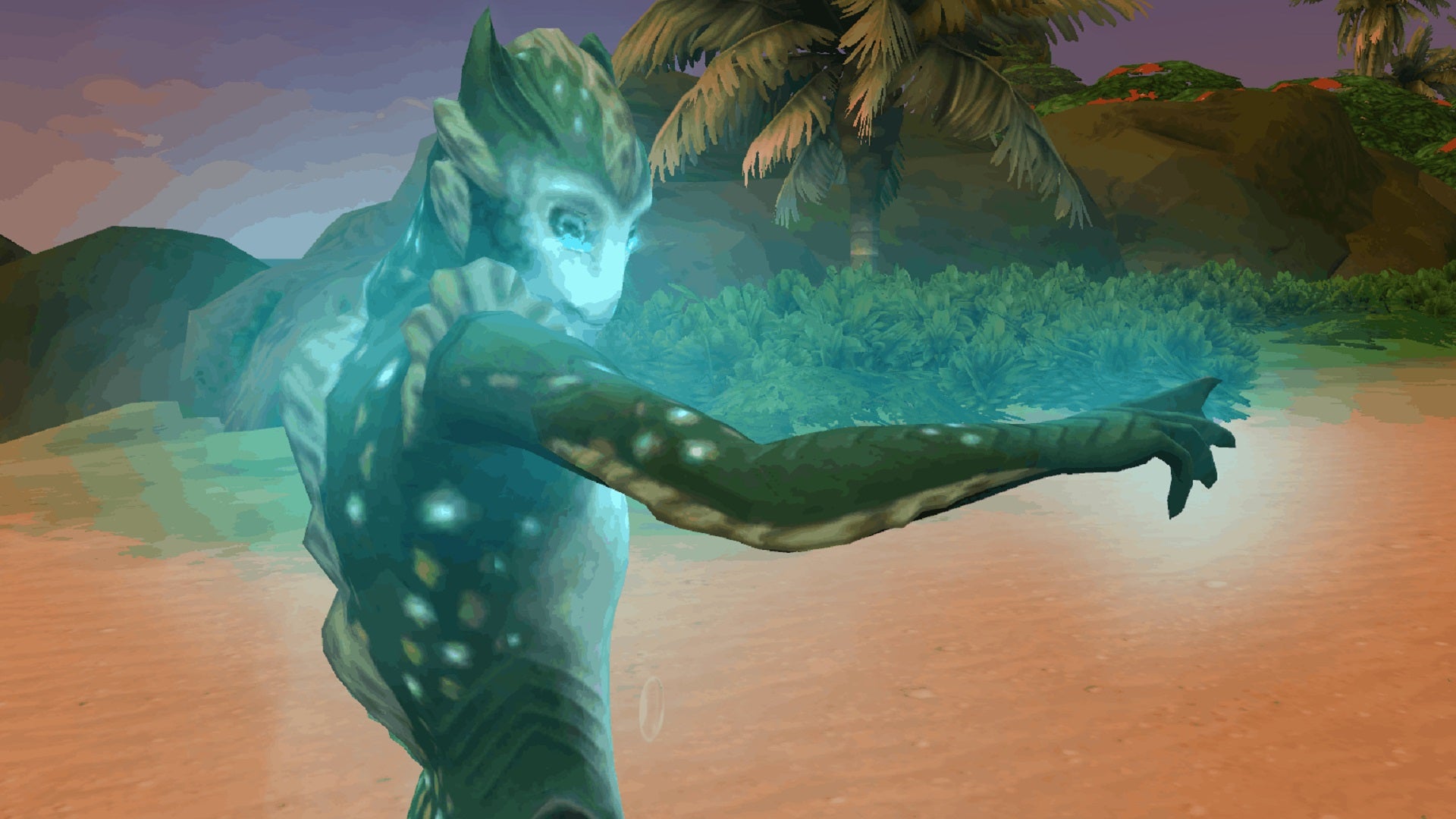 A Kelpie (mermaid) Sim with an eerie blue glow around them strikes a magical pose on a beach in The Sims 4 with the Expanded Mermaids mod.