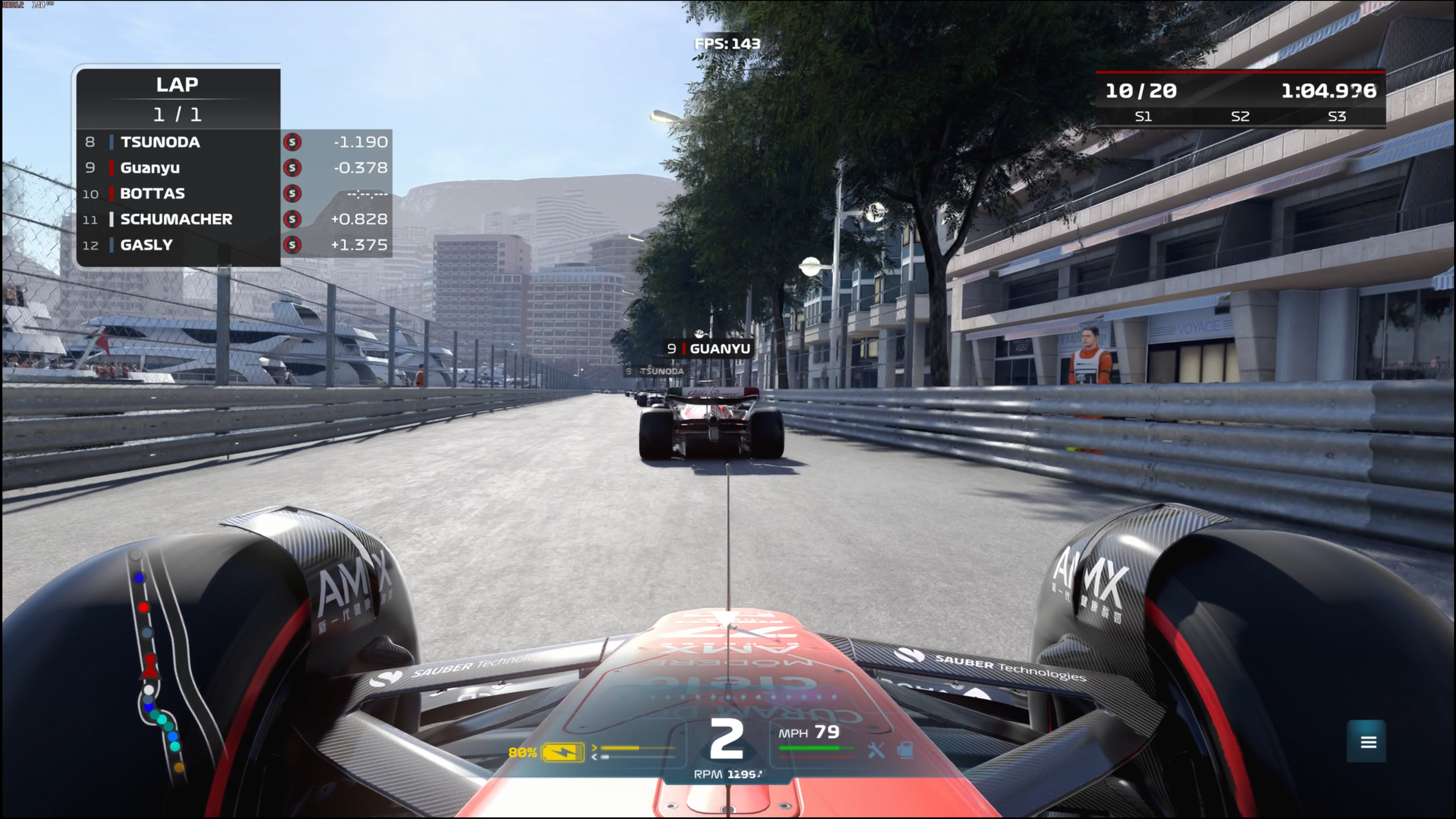 An AI-generated DLSS 3 frame in F1 2022, showing a driver's-eye view of a race in Monaco.