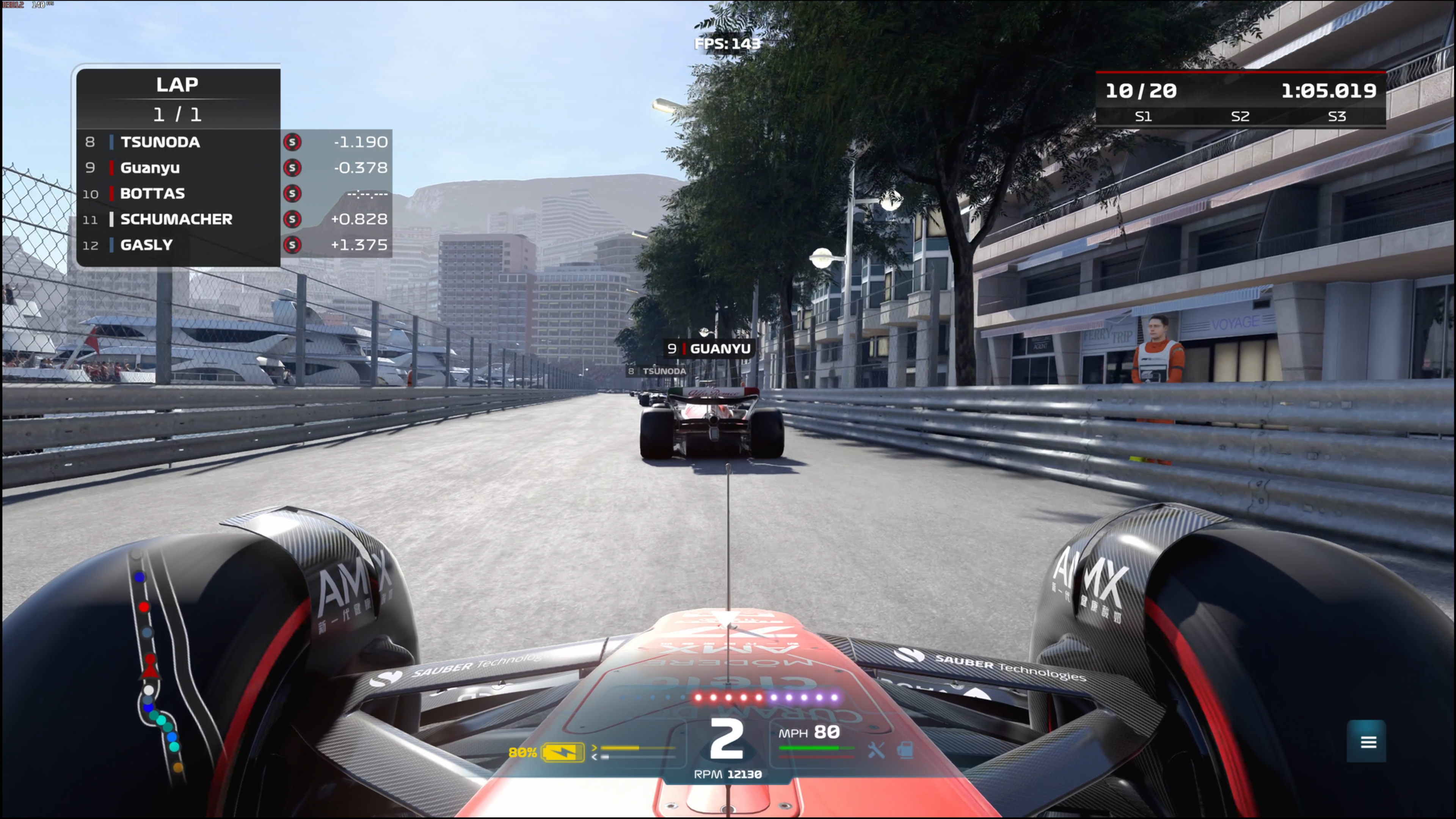 A traditionally rendered DLSS 3 frame in F1 2022, showing a driver's-eye view of a race in Monaco.