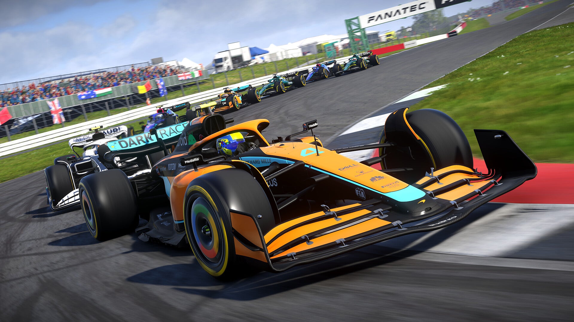 An F1 22 screenshot showing the race leader narrowly leading the pack at Silverstone.