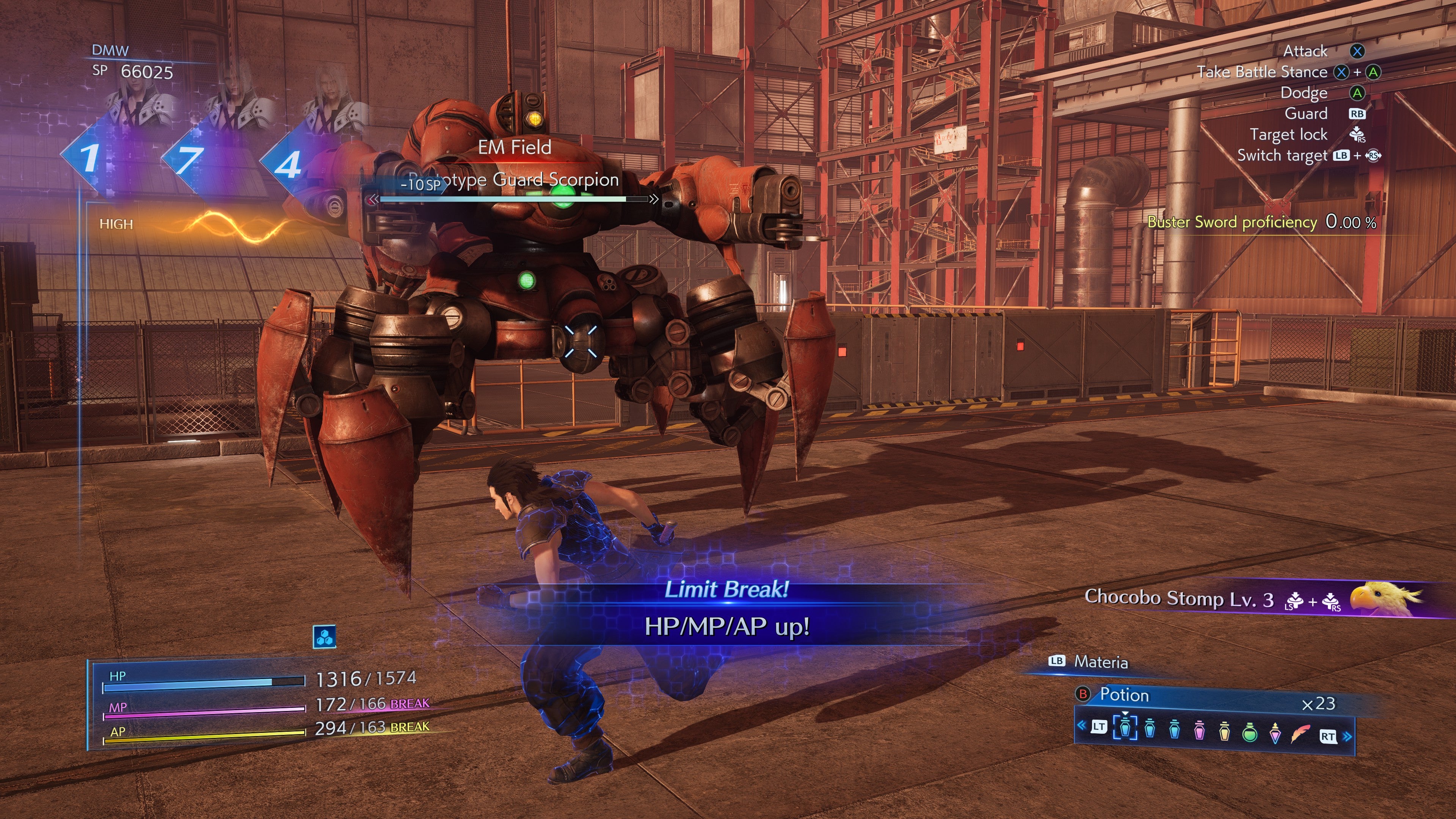 Zack fights a large metal scorpion in an industrial setting in Crisis Core - Final Fantasy VII - Reunion.
