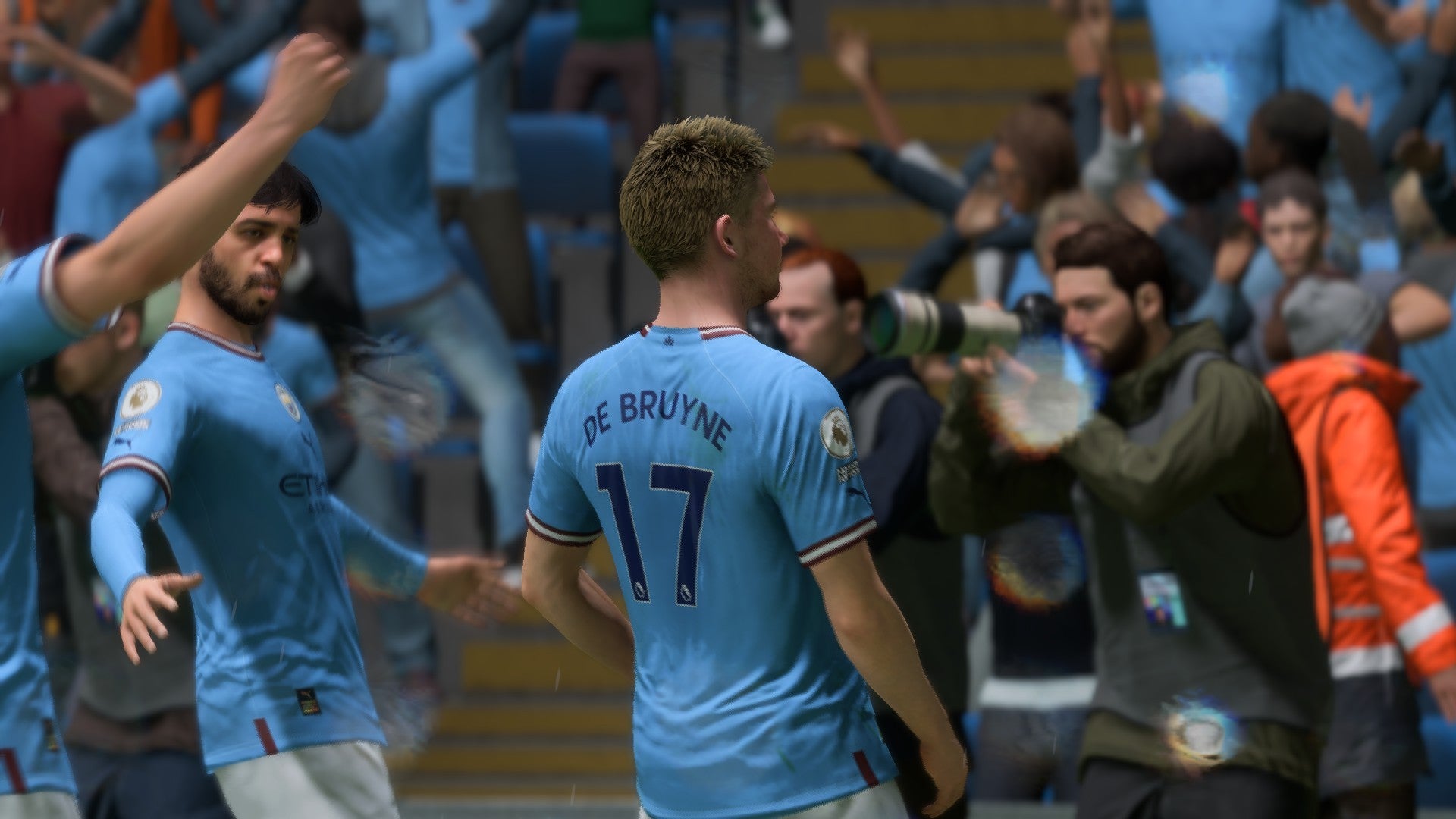 FIFA 23 screenshot showing De Bruyne cheering to the crowd after scoring a goal.