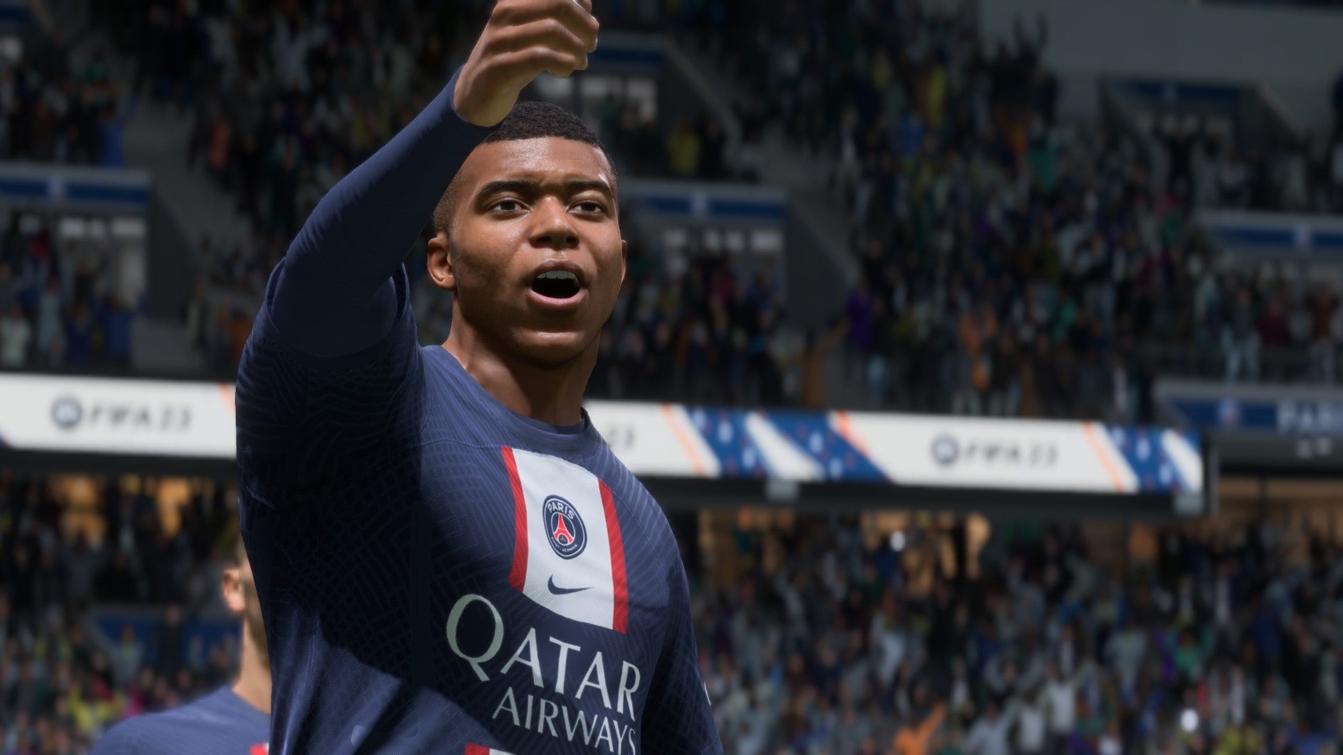 Mbappe cheering at the crowd after scoring a goal in FIFA 23.