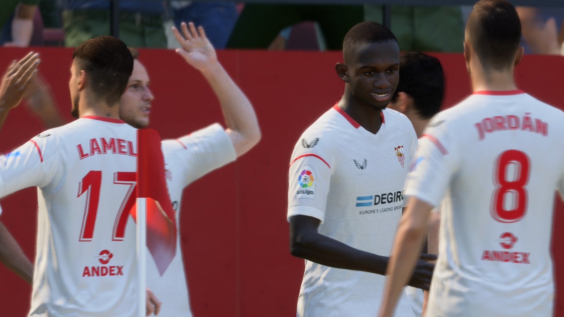 FIFA 23 screenshot showing Nianzou celebrating with his teammates.