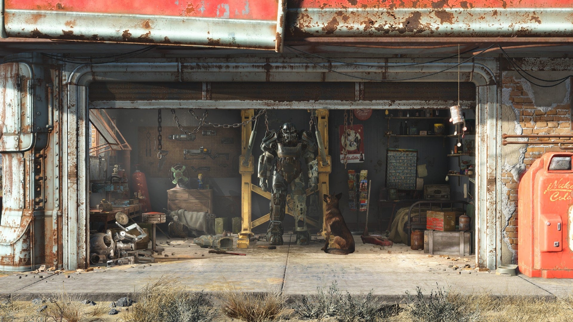 Promo art of a suit of power armour stood inside a Red Rocket garage from Fallout 4