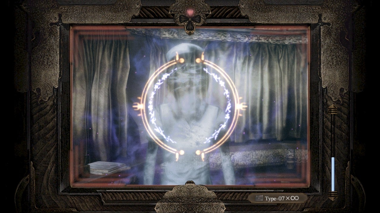 A ghost captures in the lens of a camera in Fatal Frame: Mask of the Lunar Eclipse