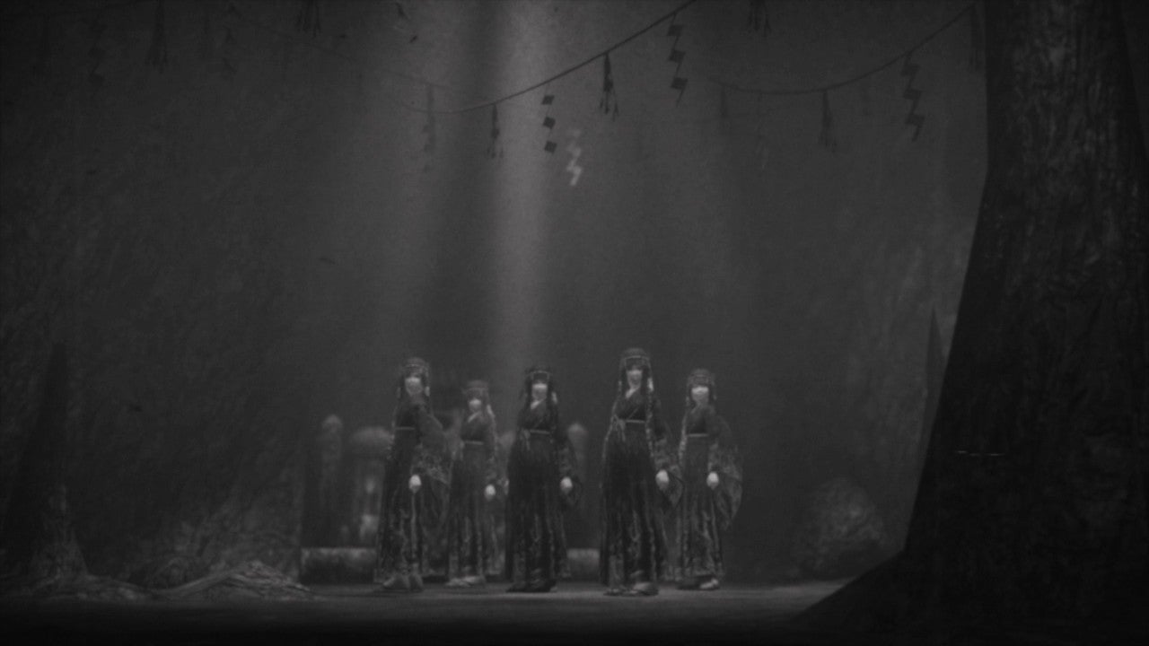 A group of hooded people gather in a cave in Fatal Frame: Mask of the Lunar Eclipse