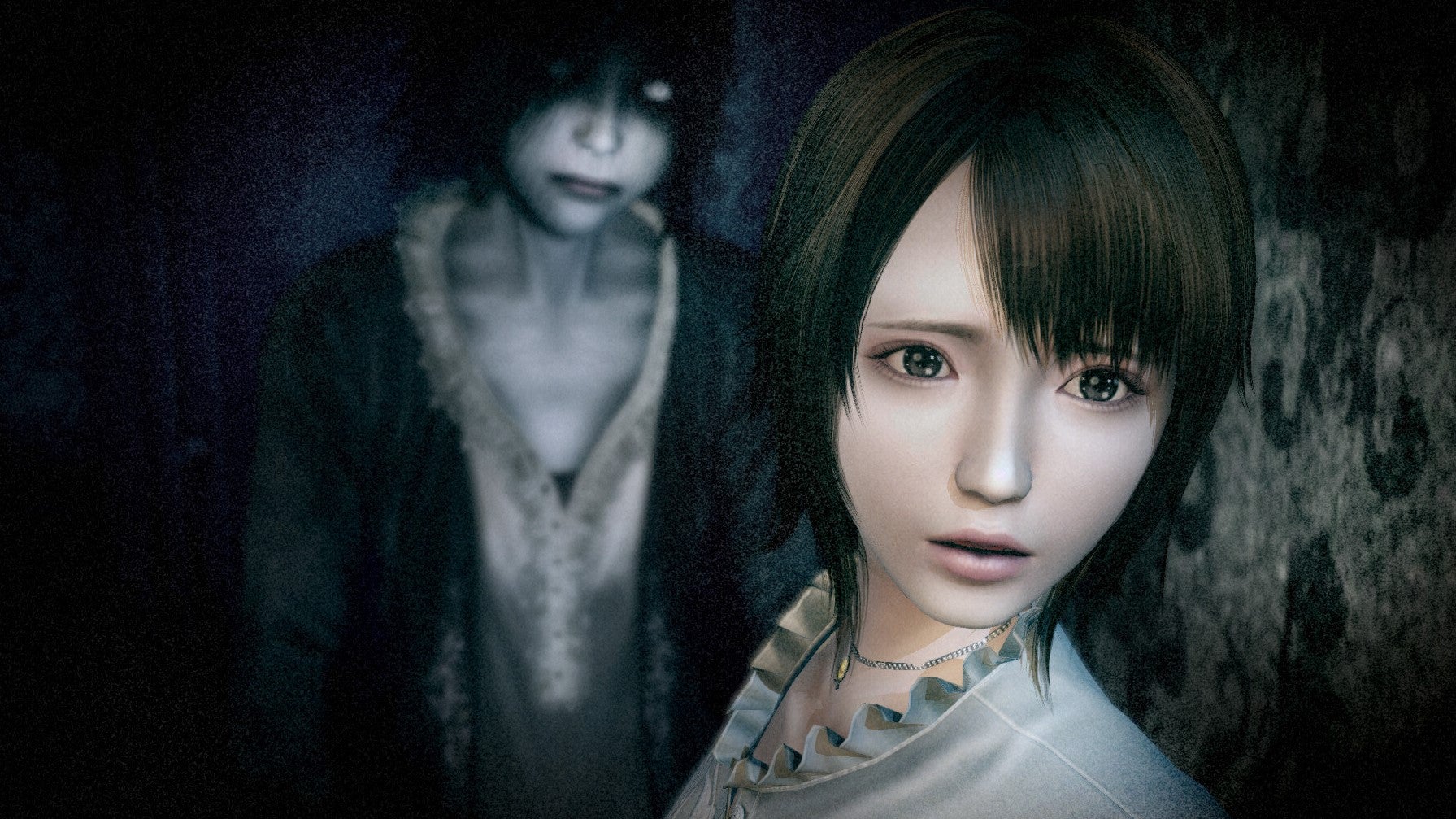A spooky spectre stands behind an unsuspecting young woman in Fatal Frame: Mask of the Lunar Eclipse