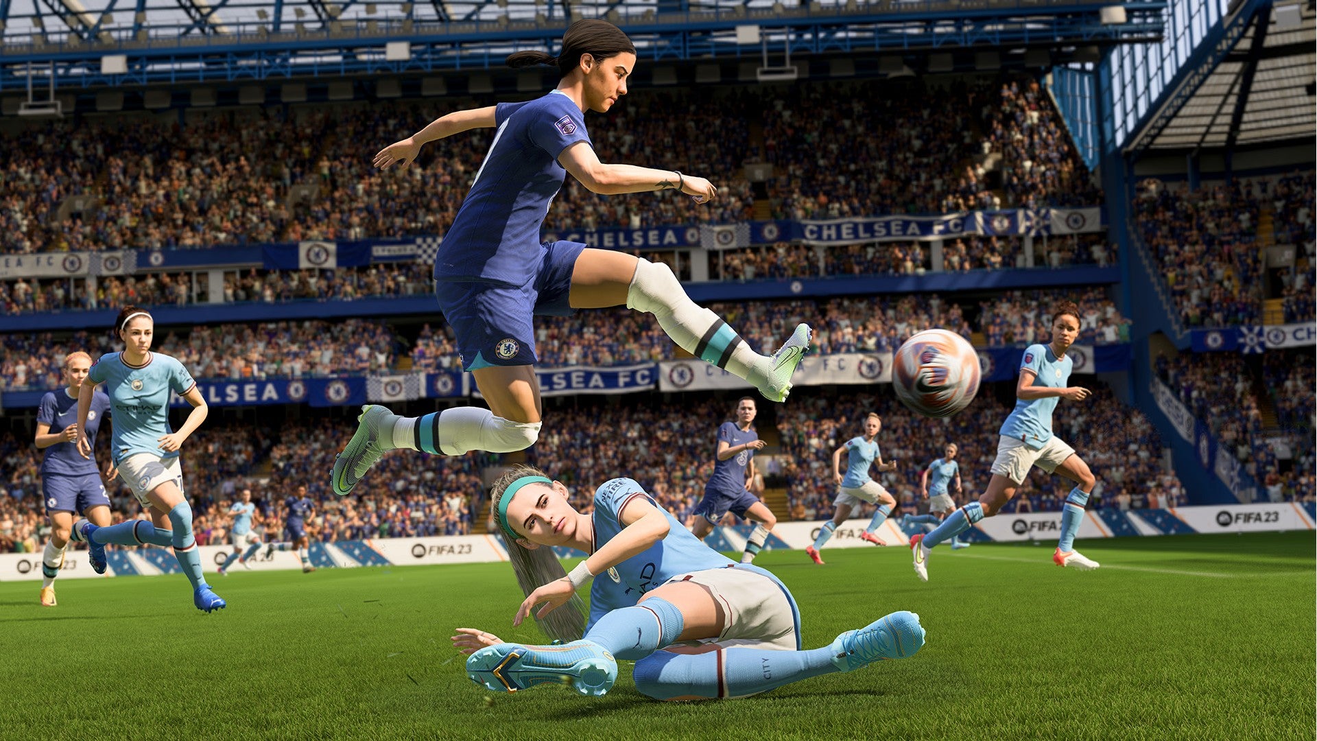 Fifa 23 image showing the women's Chelsea and Manchester City squads running along the pitch.