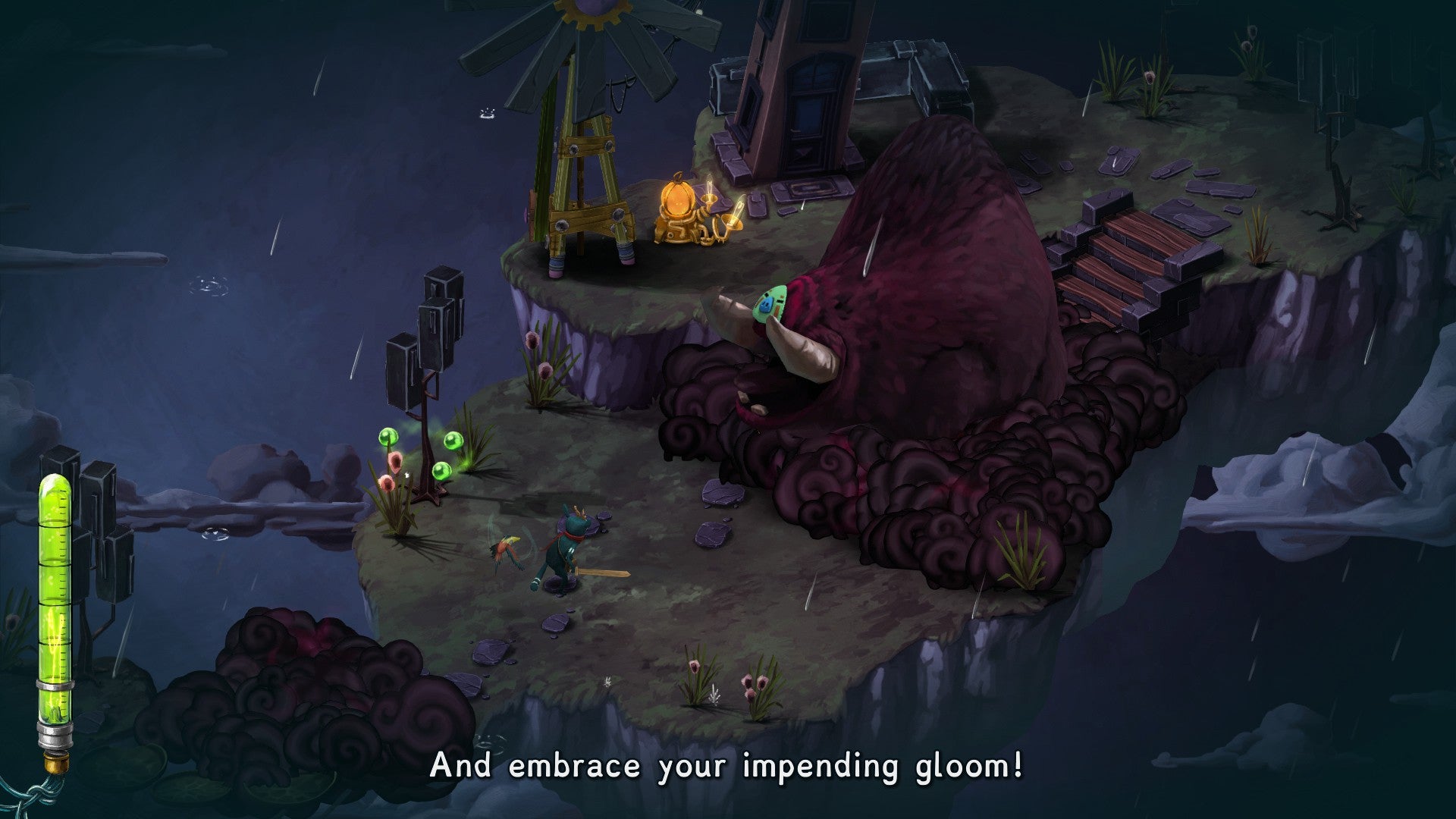 Screenshot von Figment 2, der Dusty und Piper zeigt, wie sie sich einem Riesenbullen-Albtraum stellen