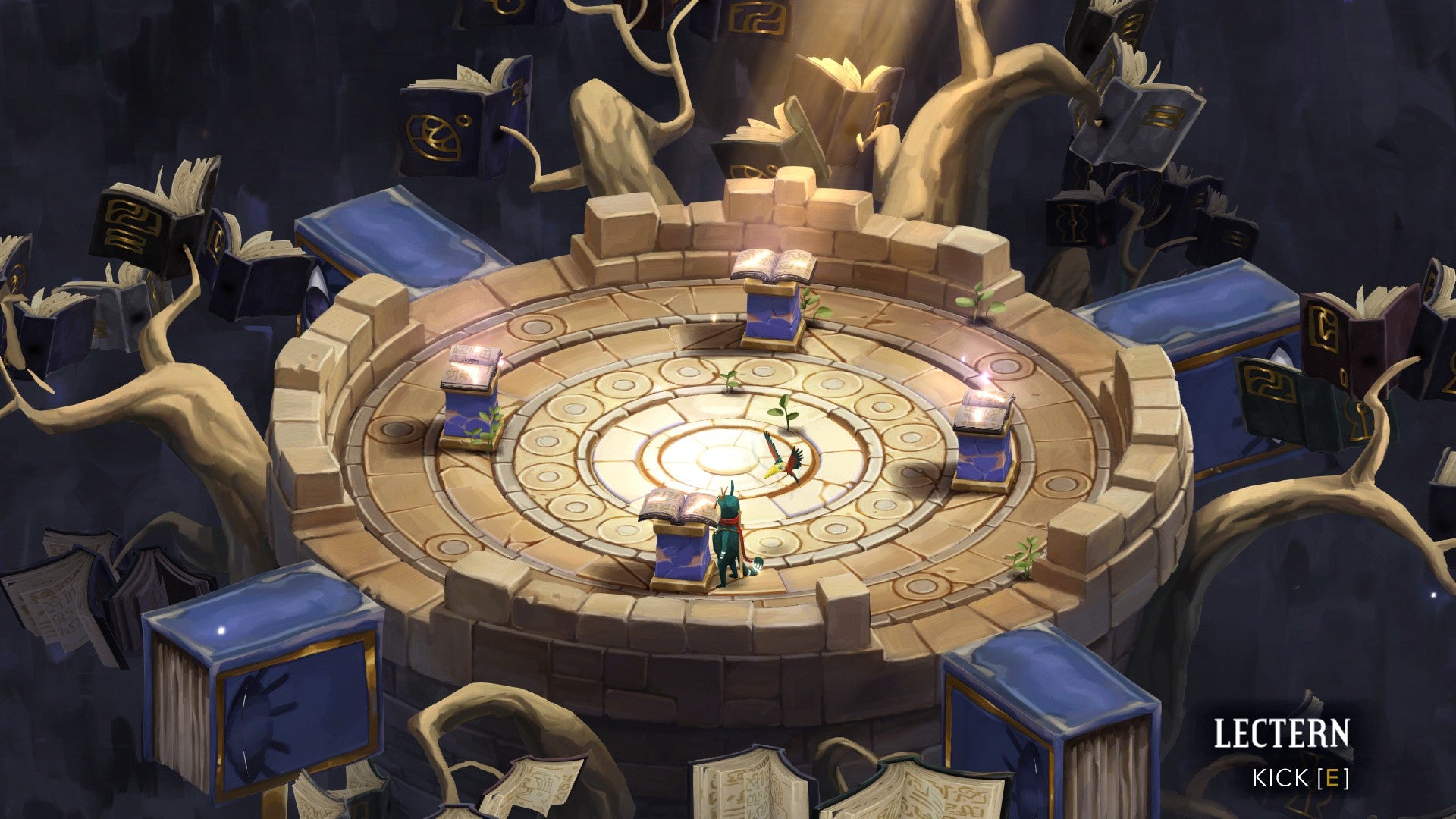 Screenshot von Figment 2, der Dusty und Pipe in einem ethischen Labyrinth zeigt, wie sie ein Buchrätsel lösen