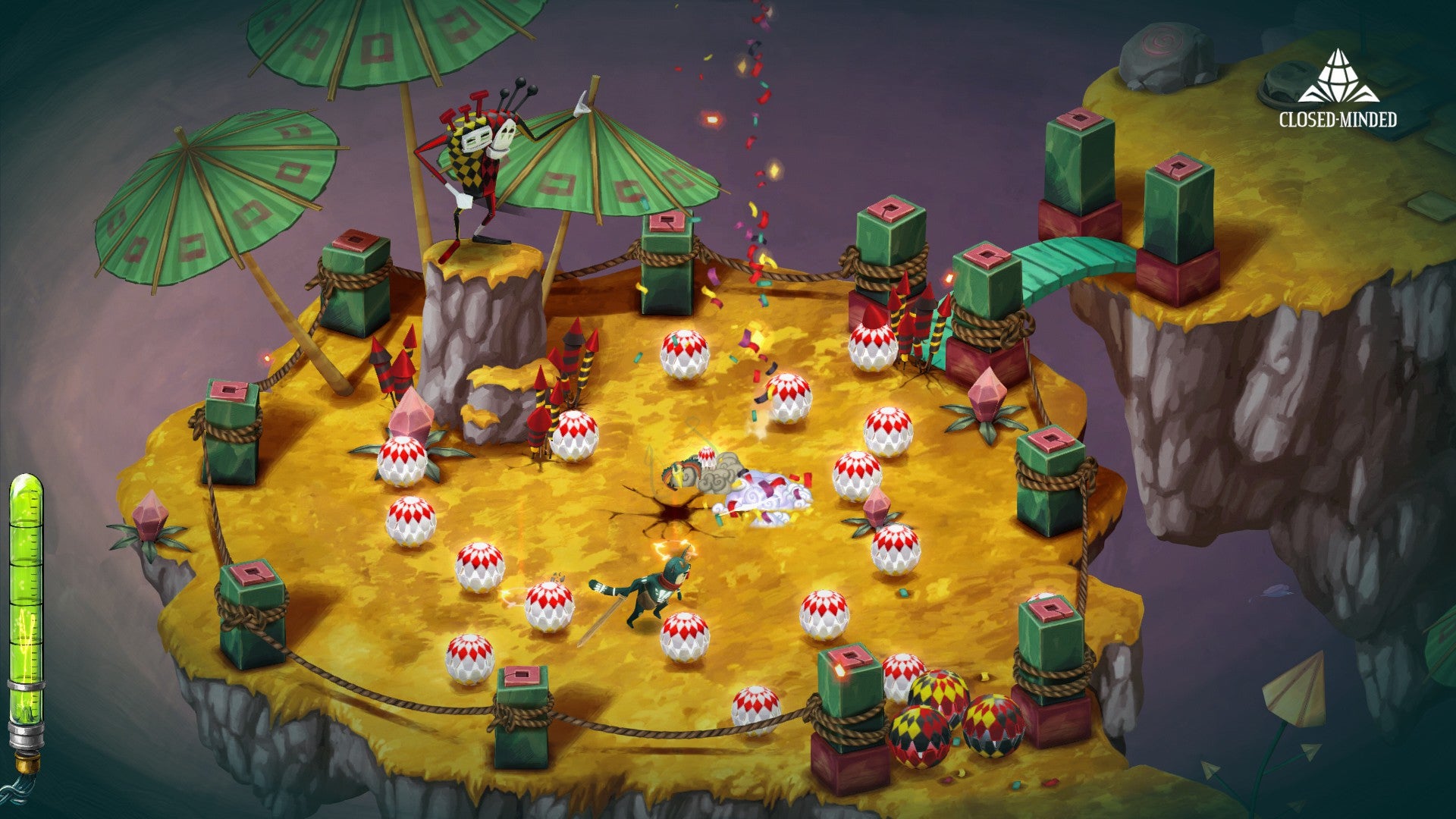 A Screenshot from Figment 2 showing Dusty avoiding exploding fireworks set off by an evil jester