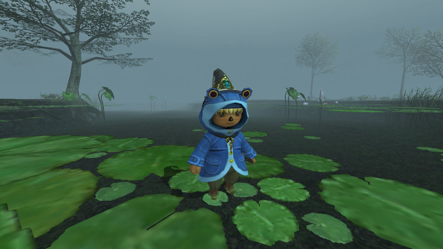 Blue hooded Moogle stands on some clovers in a river in Final Fantasy 11