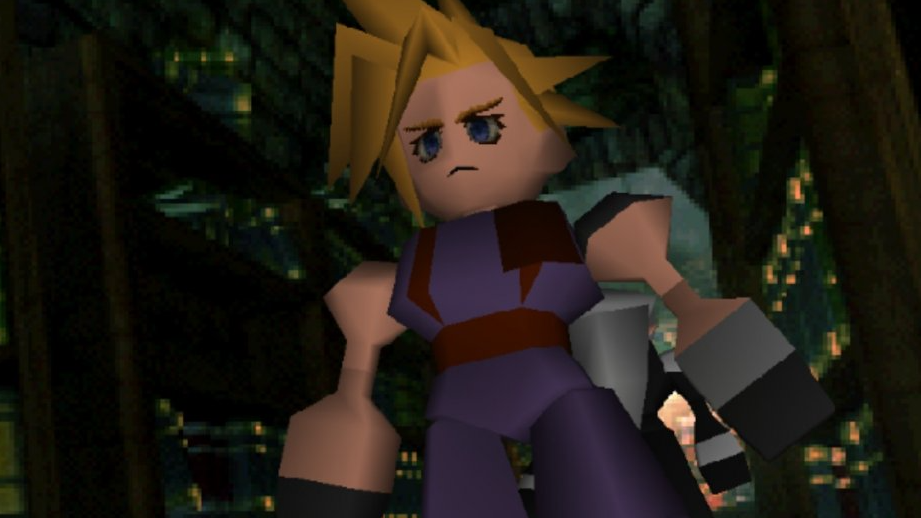 A screenshot from 1997's Final Fantasy 7 showing Cloud Strife looking towards the player