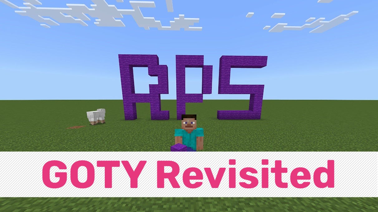 The letters RPS built, by Hayden, out of purple blocks in Minecraft. A sheep is looking at them. A player character in a blue shirt is standing in front of them