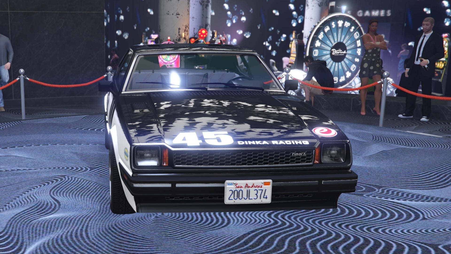 GTA Online, a front view of a black and white Dinka Postlude on the podium in the Diamond Casino.