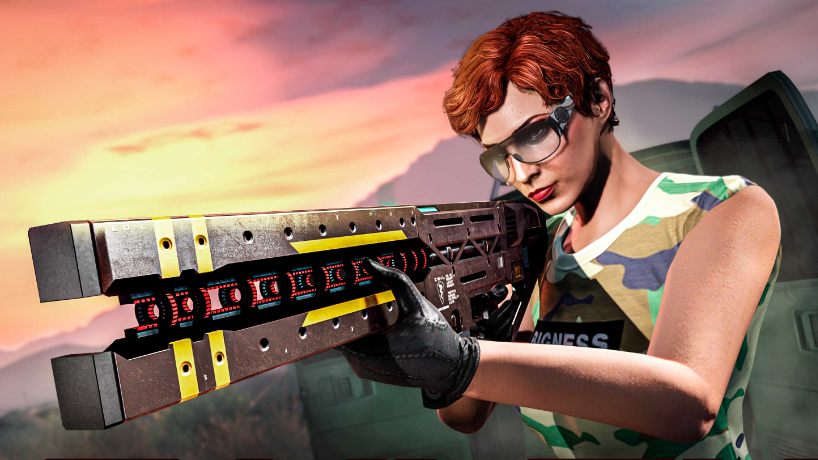 A screenshot from Grand Theft Auto Online showing a character holding a railgun in front of the open doors of the Gun Van