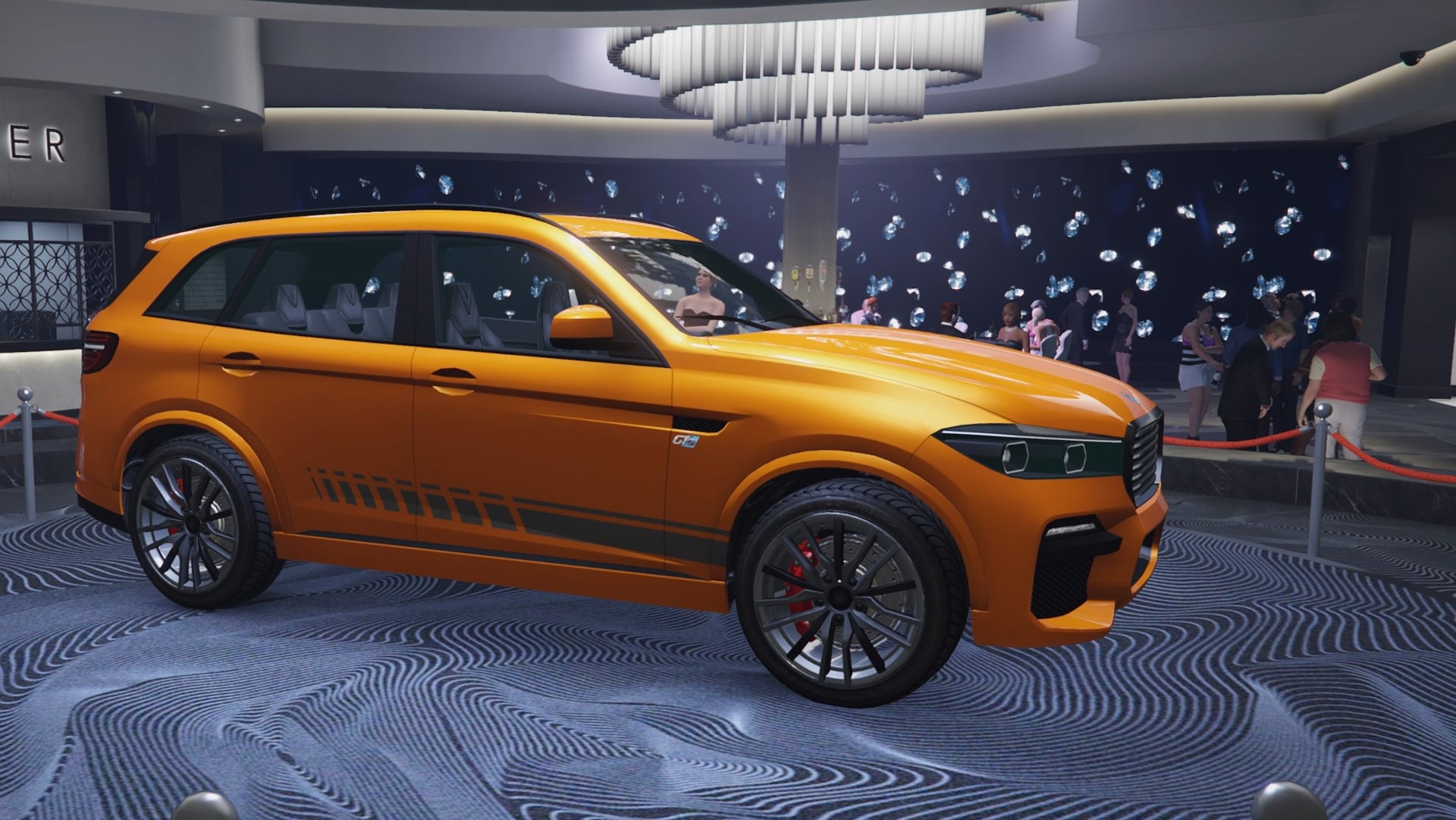 GTA Online, a side view of an Orange Rebla GTS vehicle parked on the podium in the middle of the Casino.