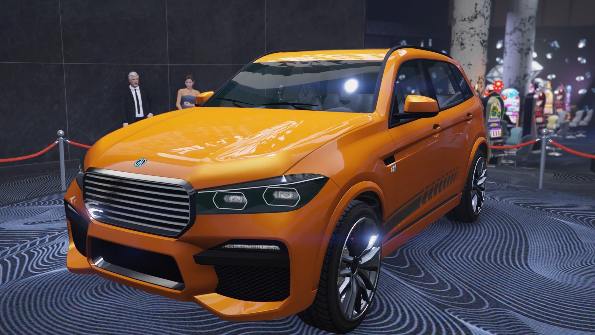 GTA Online, an orange Ubermacht Rebla GTS is in the center of the podium in the Diamond Casino.