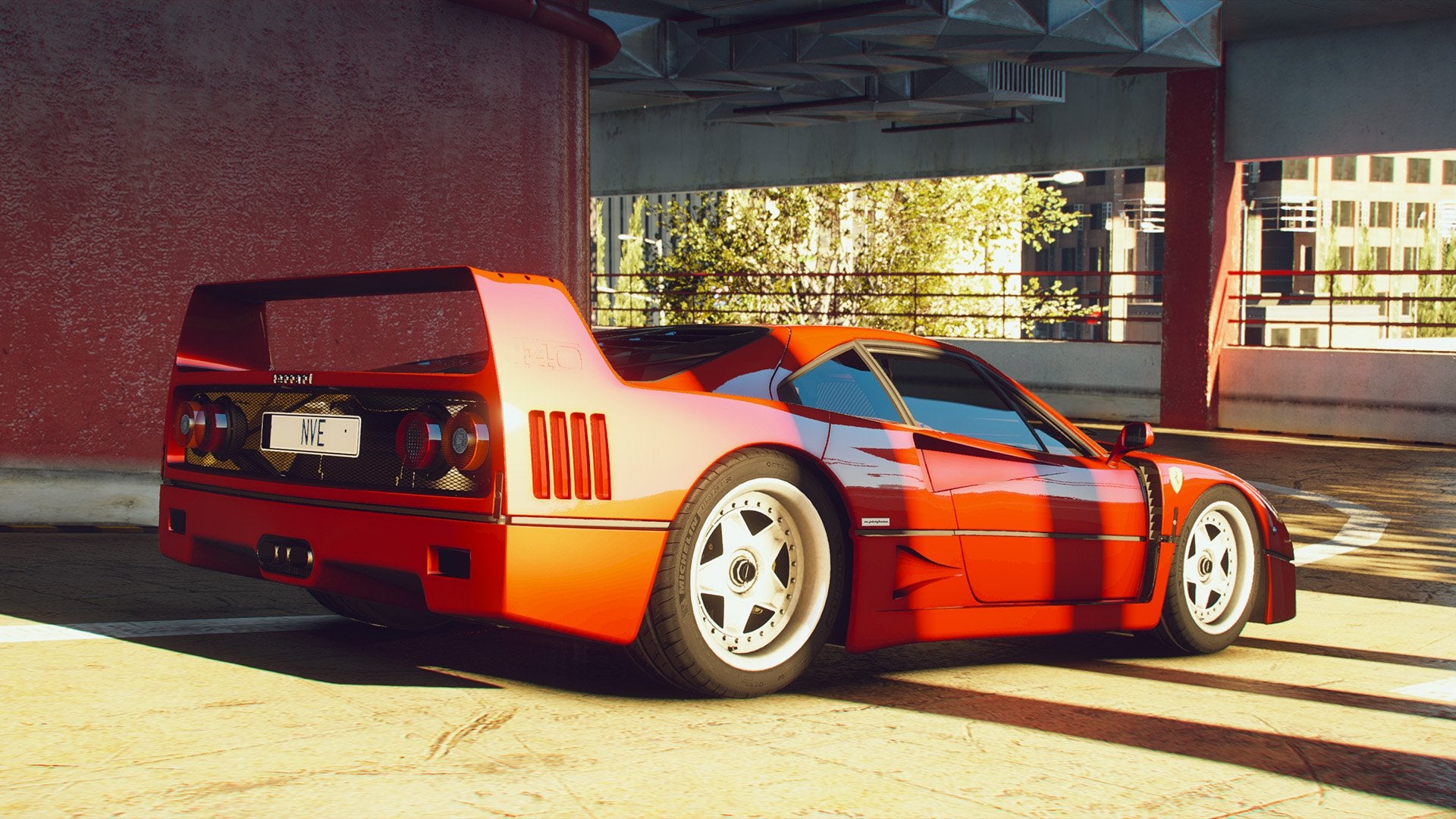 A red sports car is hit by golden hour light through the windows of a parking garage in GTA 5's NaturalVision Evolved graphics mod.