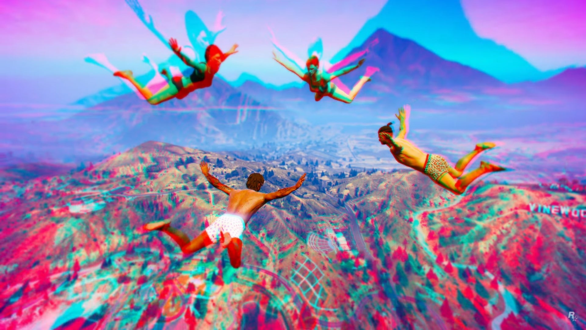 Four scantily clad people fall from the sky, as seen through a trippy purple filter