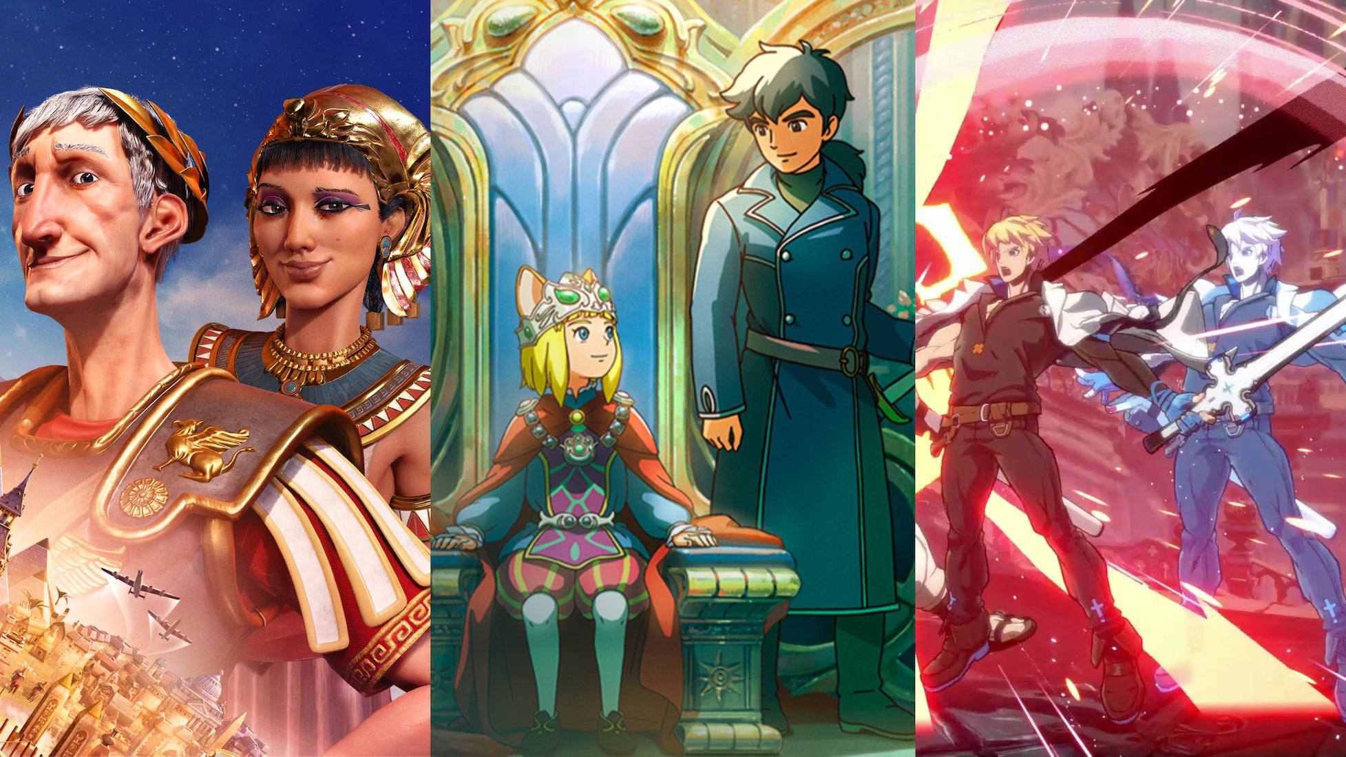 Image split three ways with Civilisation 6 artwork on the left, Ni No Kuni 2 in the middle, and a battle screenshot from Guilty Gear Strive on the right