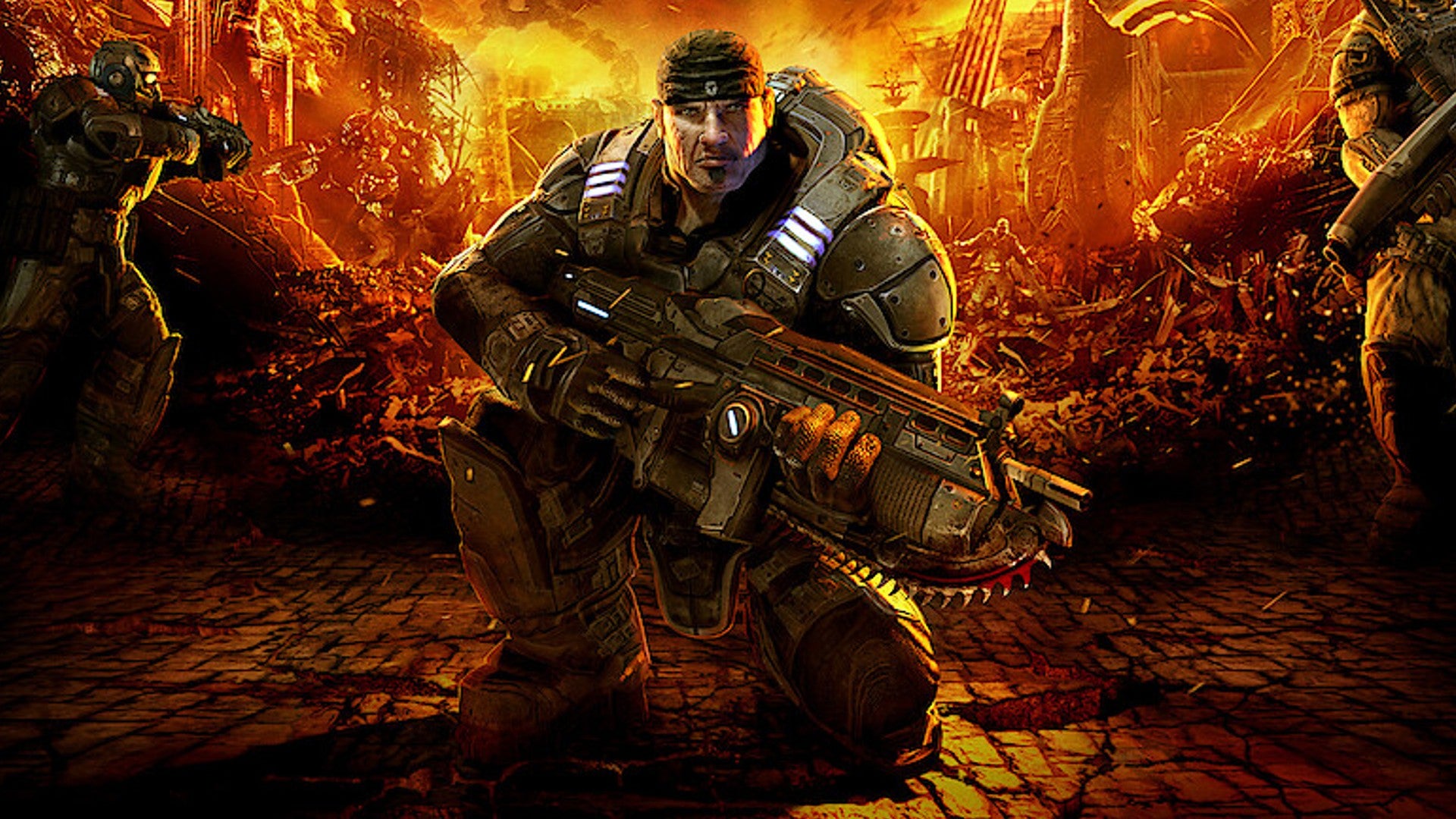 Key art from the Gears Of War series showing Marcus Fenix