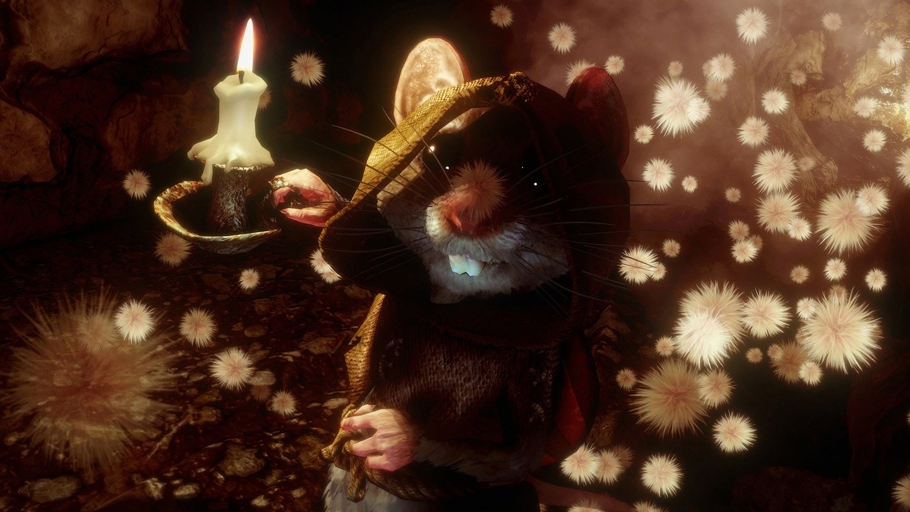 A screenshot from action RPG Ghost Of A Tale showing a mouse in a hood holding a lit candle