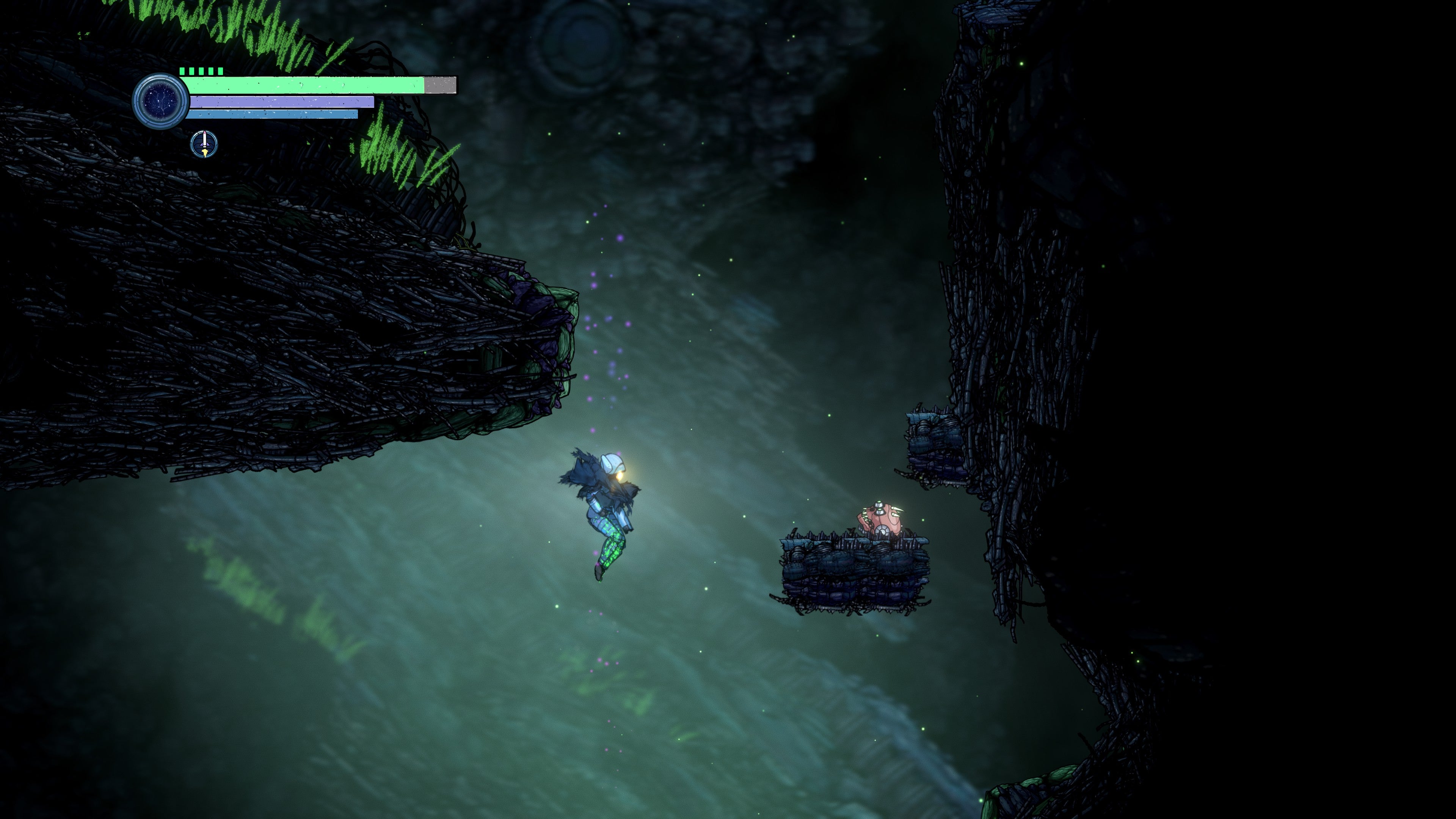 A robot falls through a metallic cavern in Ghost Song