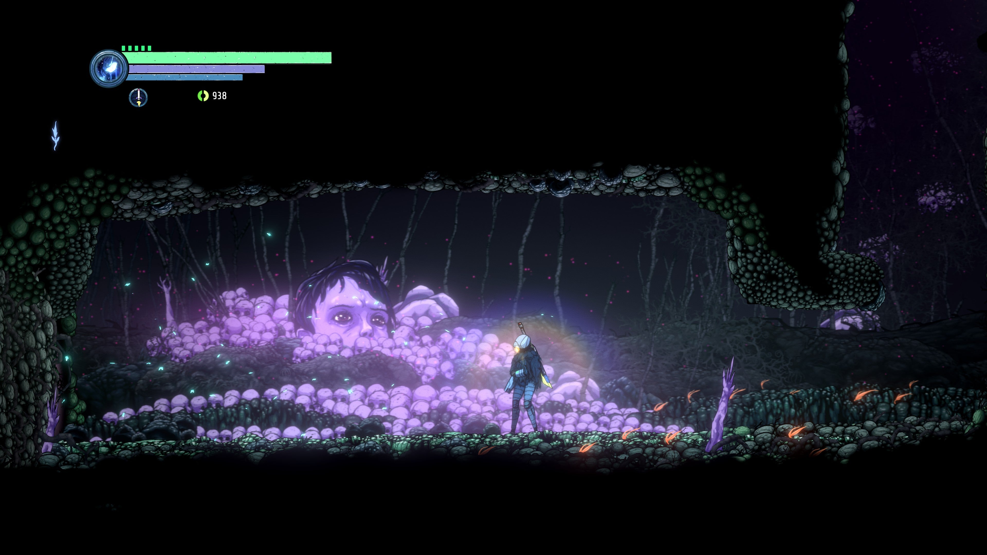 Un robot guerrero se para frente a un bosque púrpura de cabezas y manos en Ghost Song