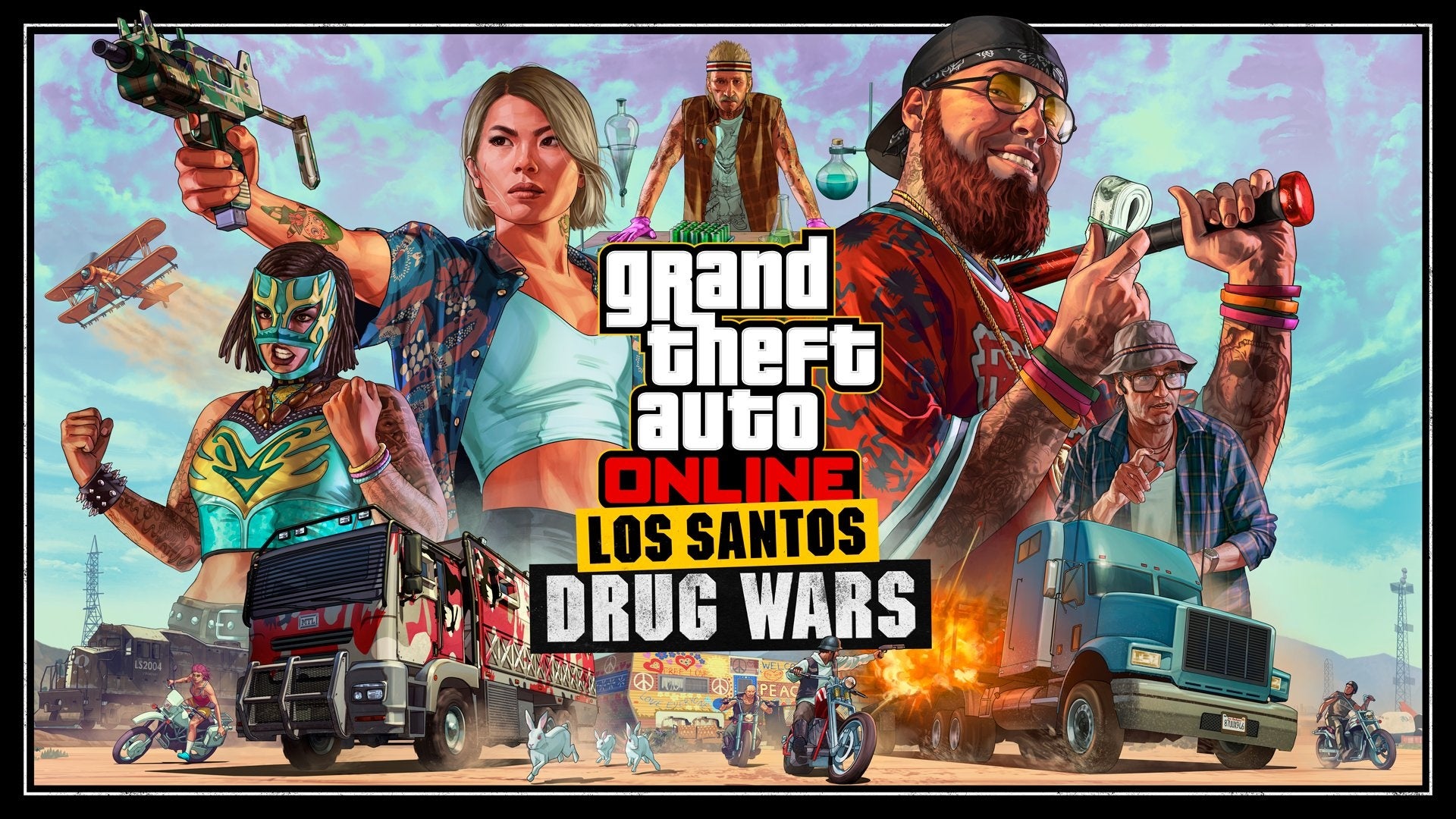 Key art from GTA Online's Los Santos Drug Wars story update showing trucks racing in the desert and characters holding weapons and money
