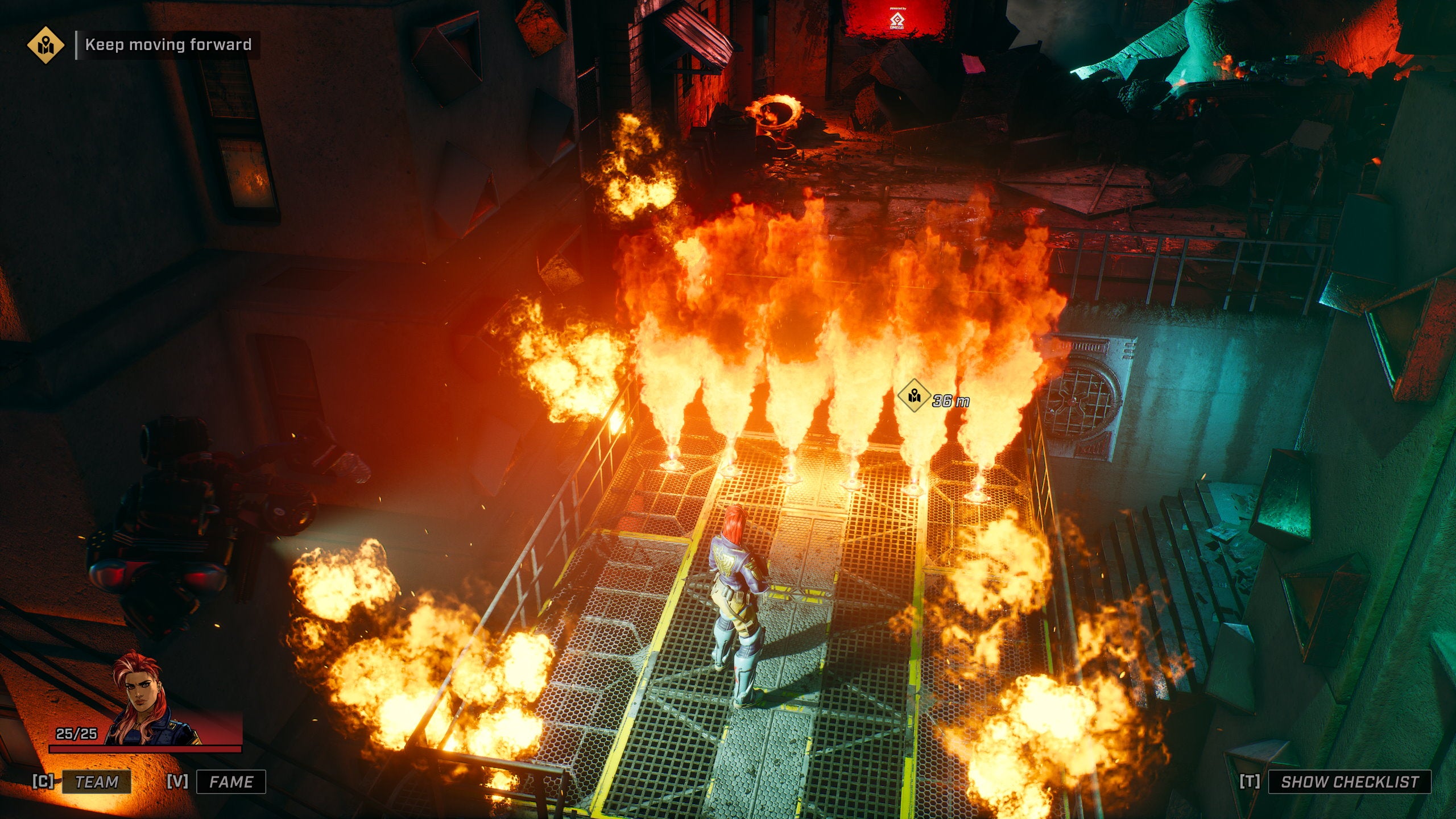 A woman stands in front of a flame wall in Homicidal All-Stars