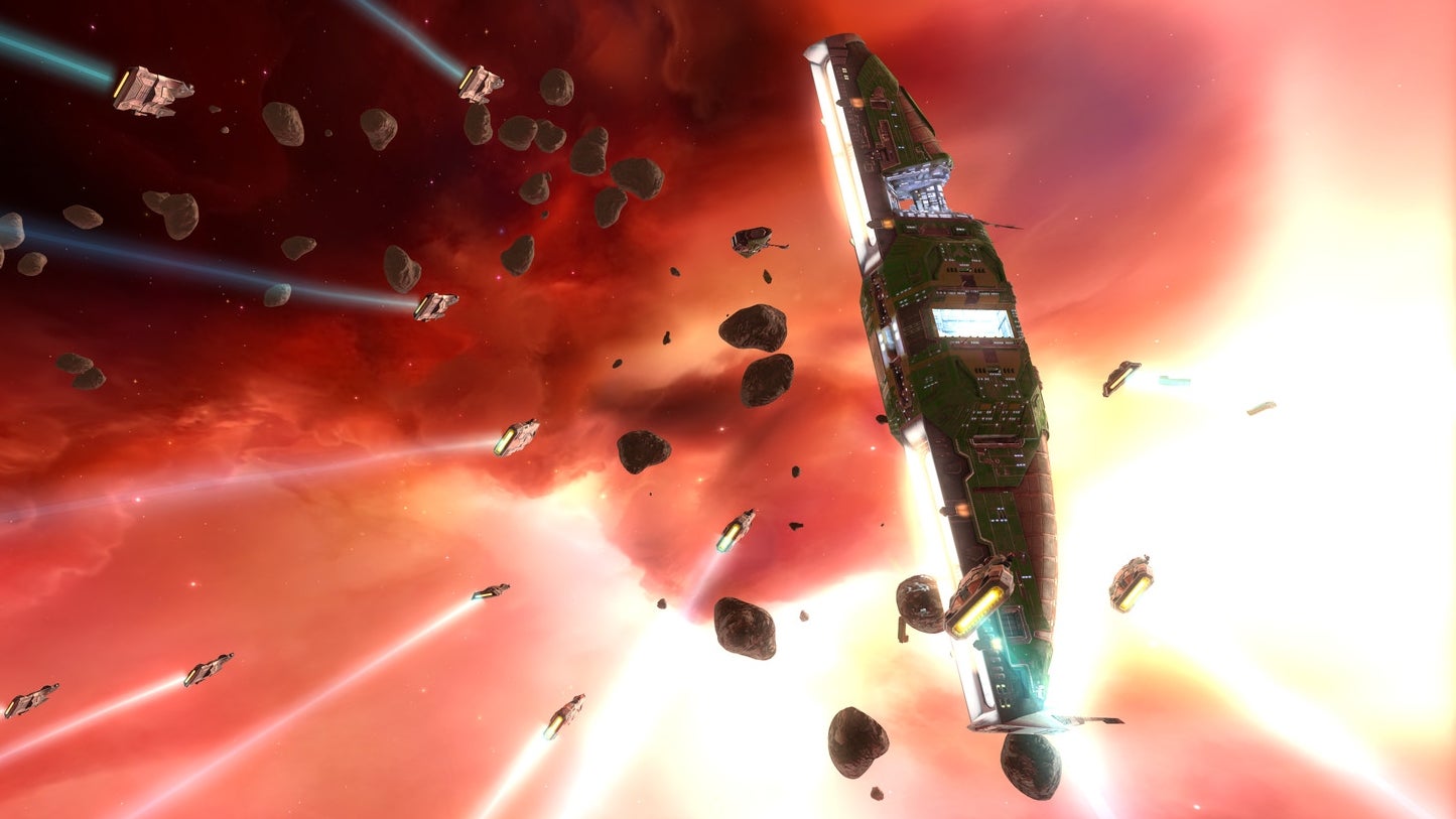 A screenshot from Homeworld Remastered Collection showing ships heading towards the Mothership