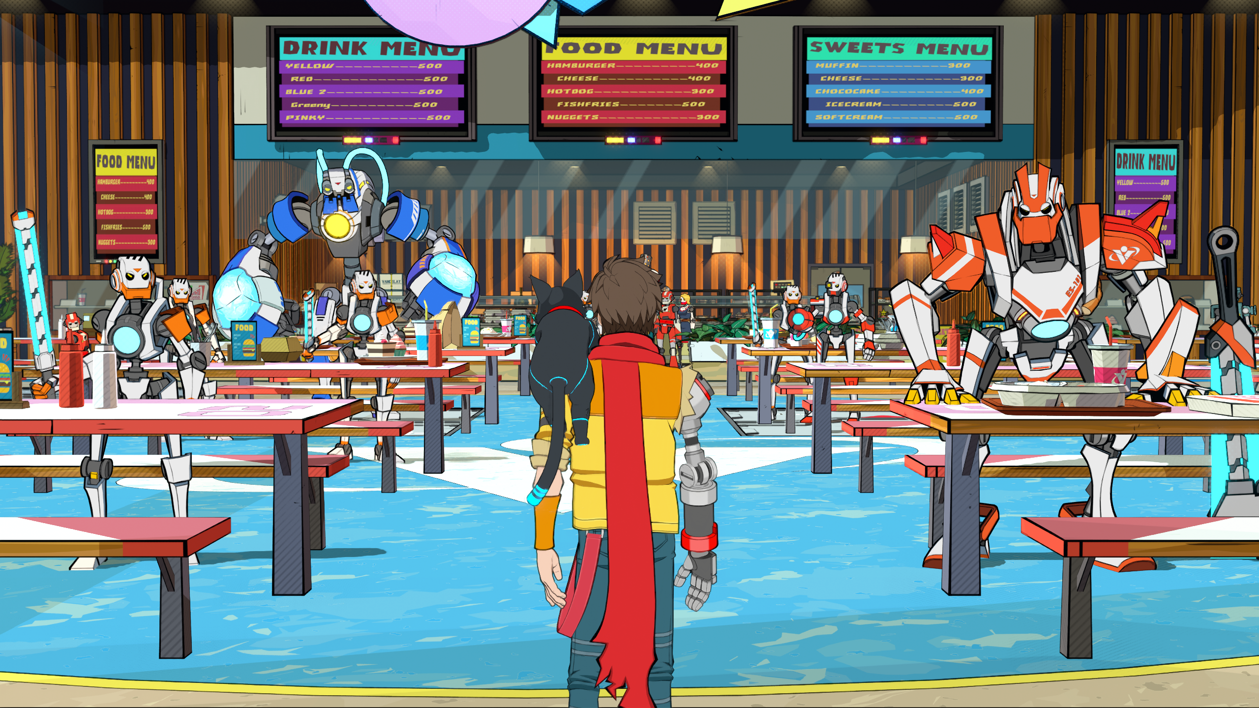 Chai faces down a cafeteria of shocked enemy robots in Hi-Fi Rush.
