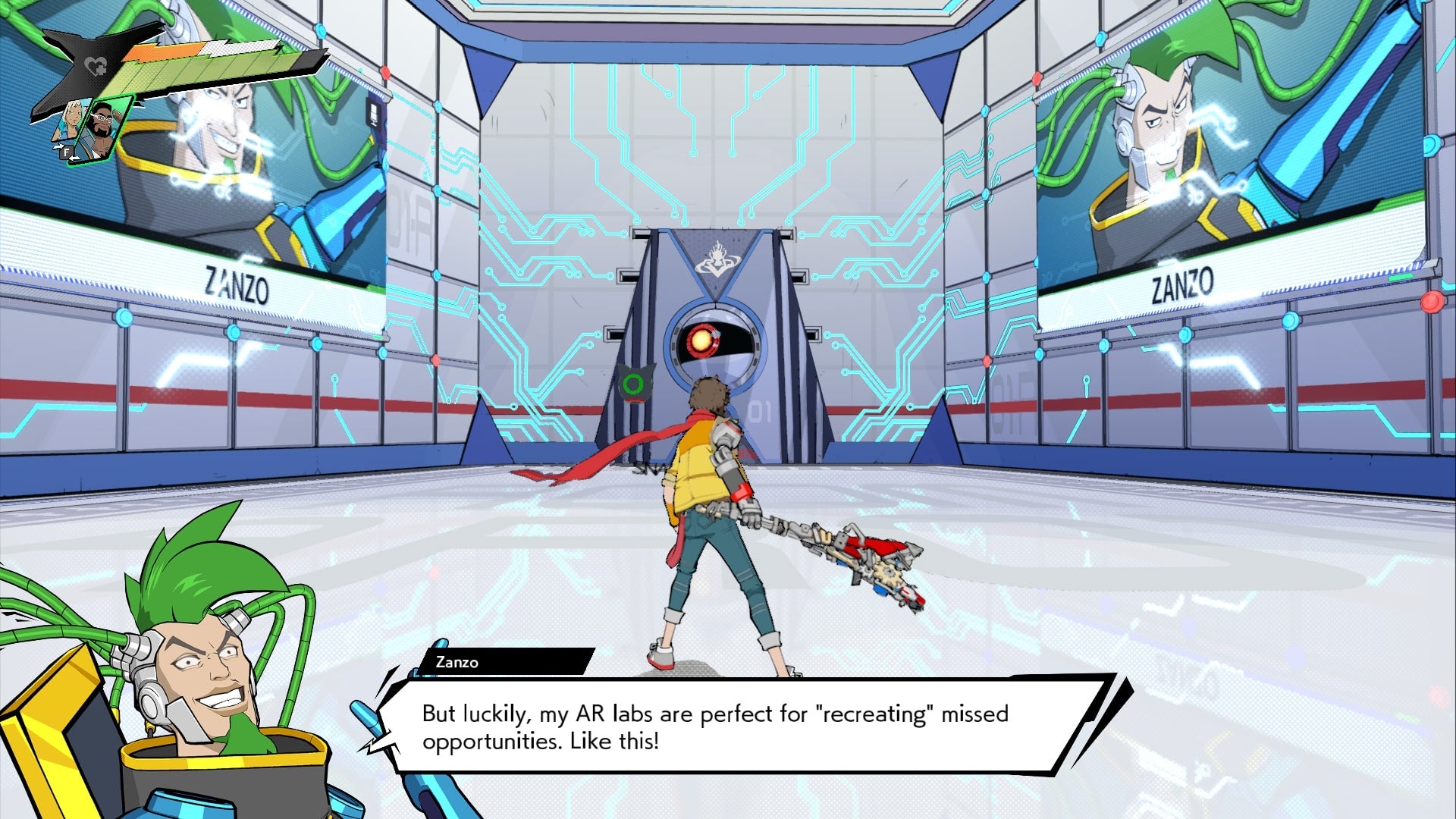 A Hi-Fi Rush screenshot of protagonist Chai in a virtual reality room with shiny metal floors and walls