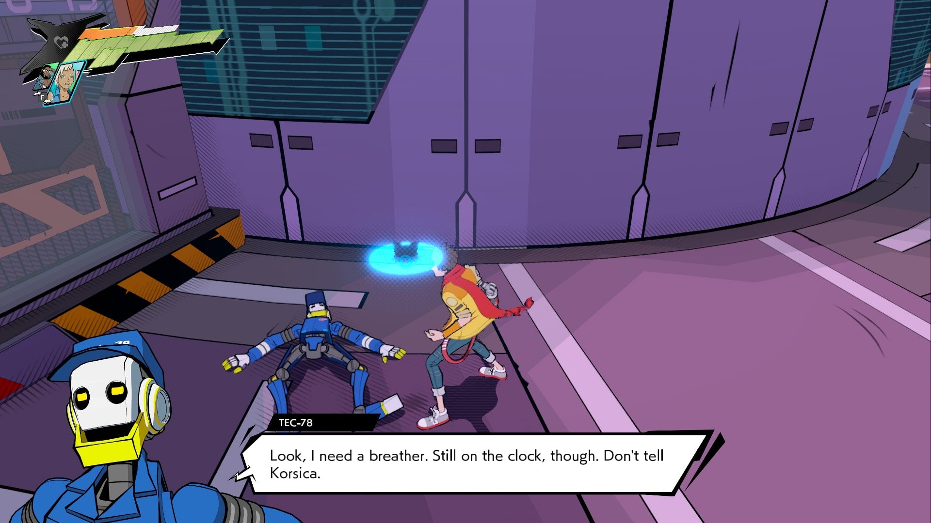 A Hi-Fi Rush screenshot of Chai standing over a security robot lying on the floor