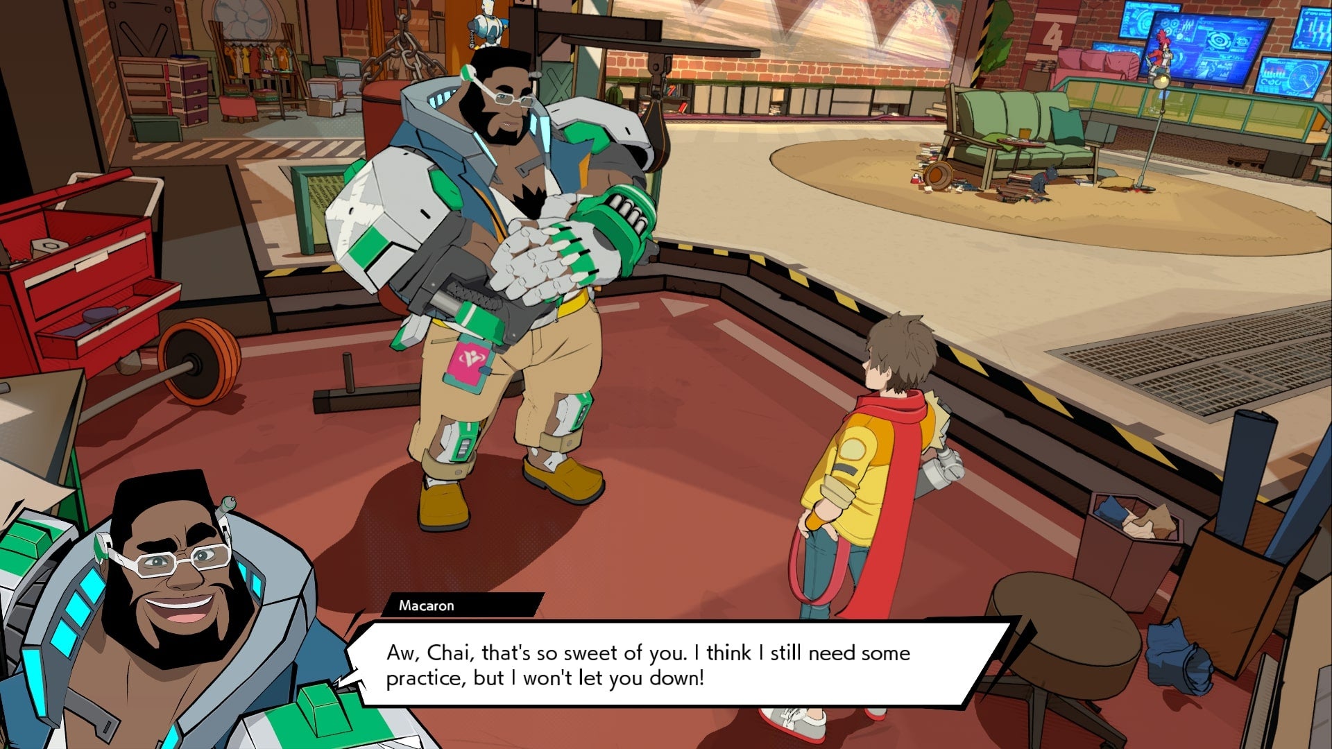 A Hi-Fi Rush screenshot of protagonist Chai chatting with Maracon, a huge dude with robot arms,