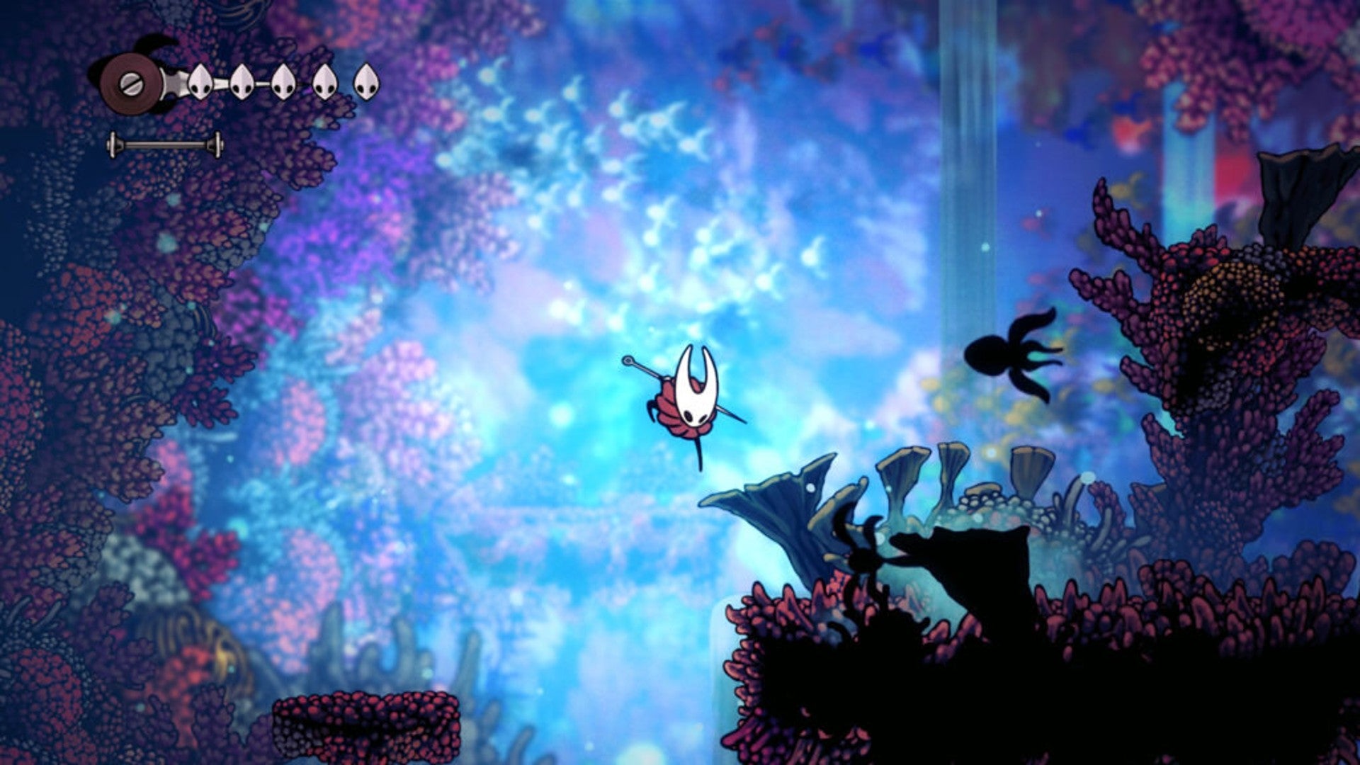 Hollow Knight: Silksong image, showing Hornet leaping down through a vibrant forested area.