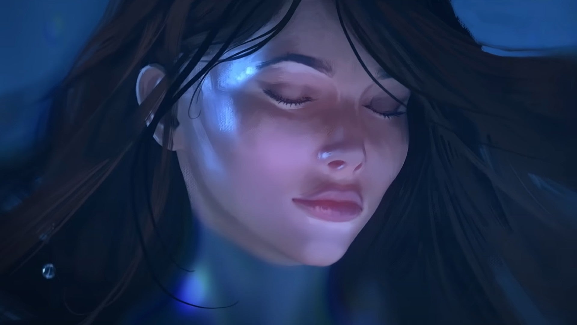 Close up of Imogen S'jet with their eyes closed in the Homeworld 3 trailer.