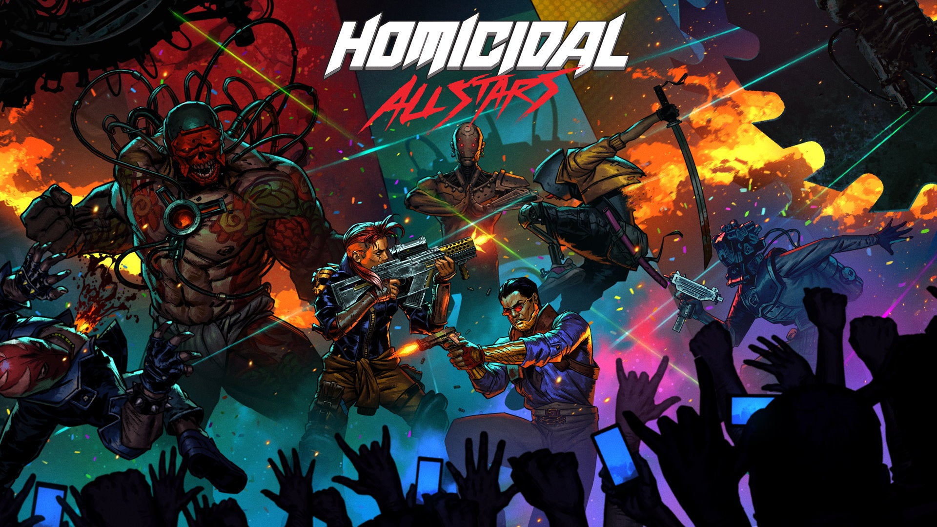 Artwork for Homicidal All-Stars, showing several contestants firing guns in flashy poses